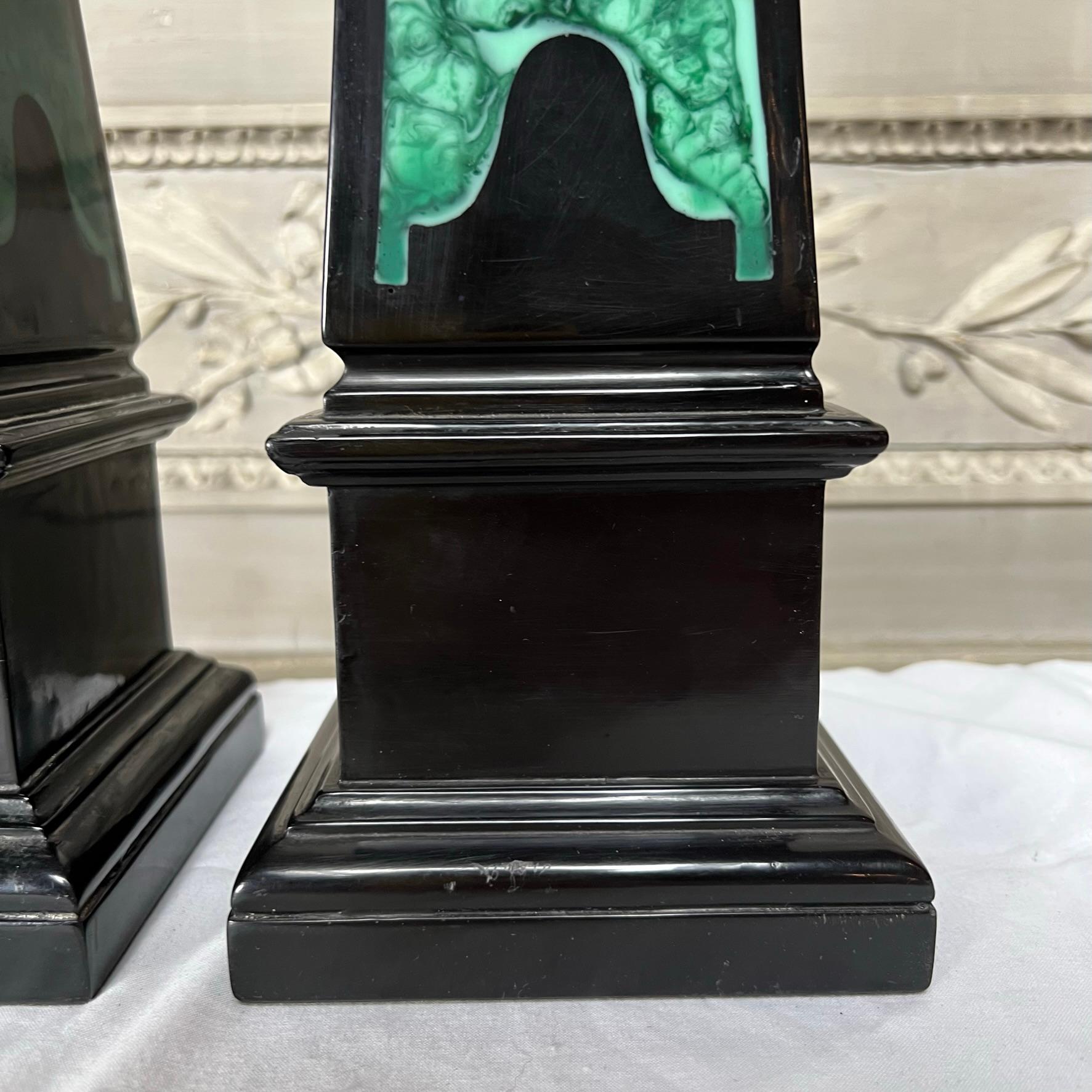 Pair of Obelisk With a Black and Faux Malachite Lacquered Finish For Sale 2