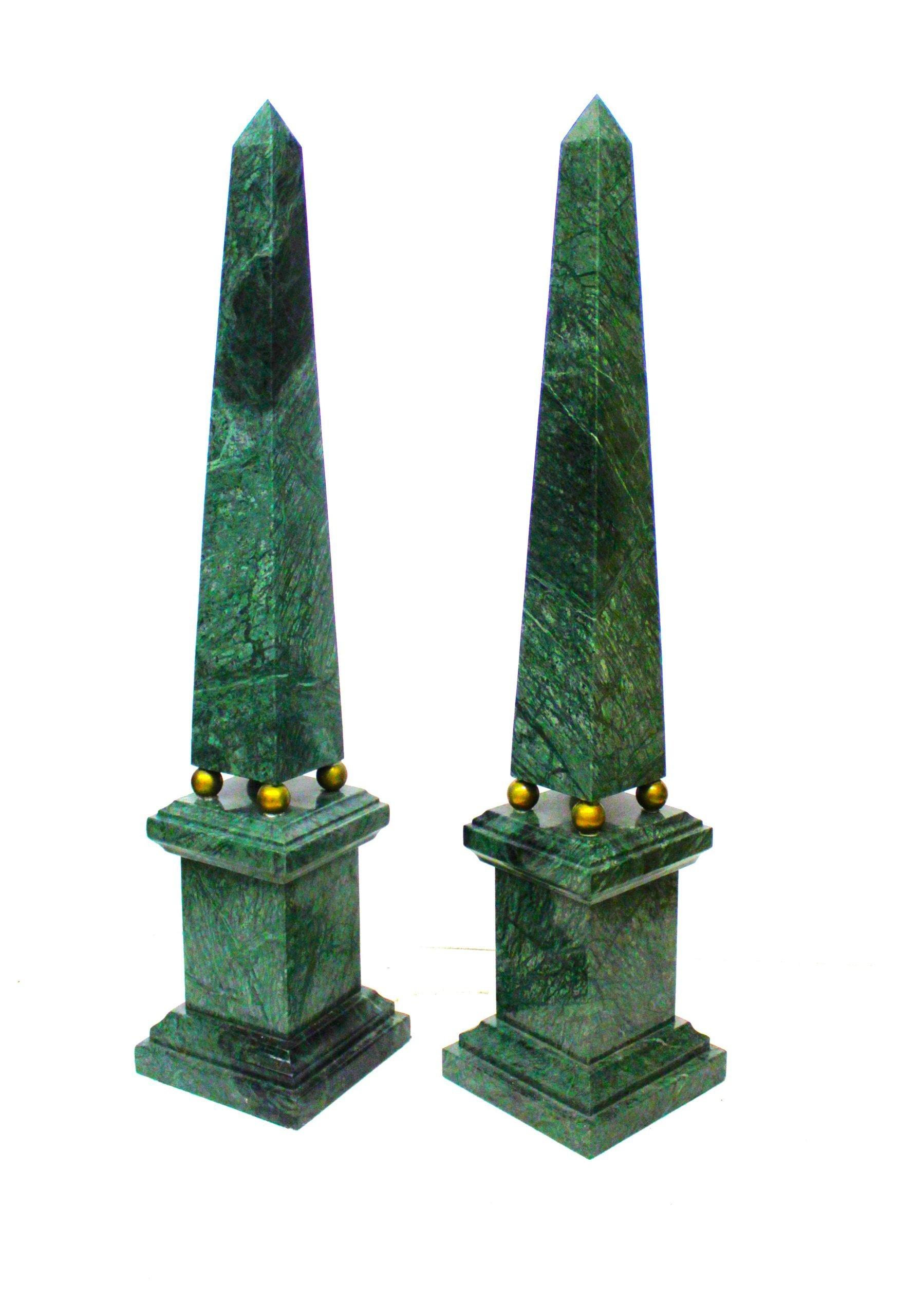 Pair of obelisks in aquamarine green marble with gilded bronze spheres. ADDITIONAL PHOTOS, INFORMATION OF THE LOT AND SHIPPING INFORMATION CAN BE REQUEST BY SENDING AN EMAIL. Indicative shipping costs in Italy: 150€ and Europe: 200€. Tags: Coppia