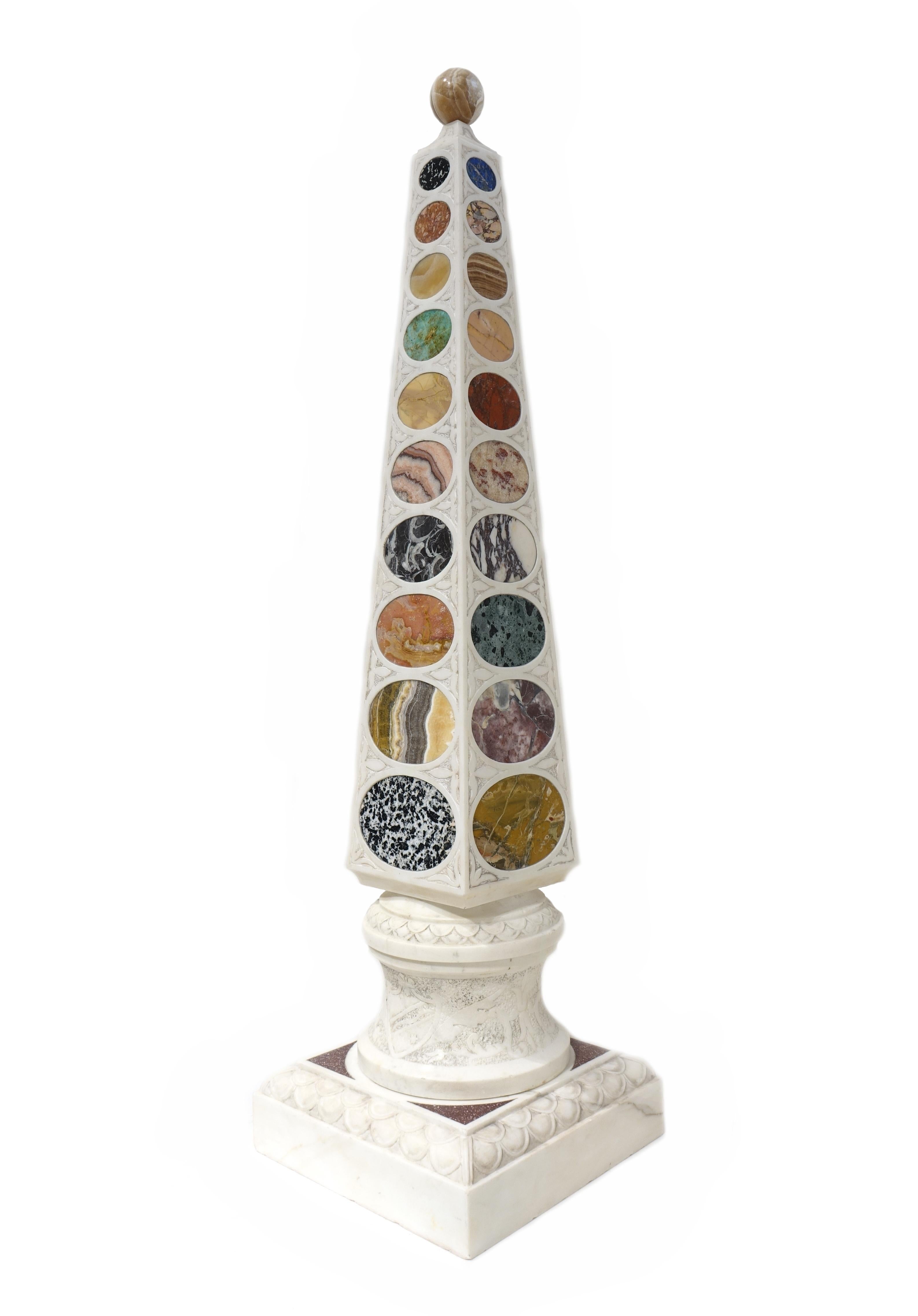 Italian Pair of Obelisks in Carrara White Marble with Marble Sampling, Italy 20th Centur