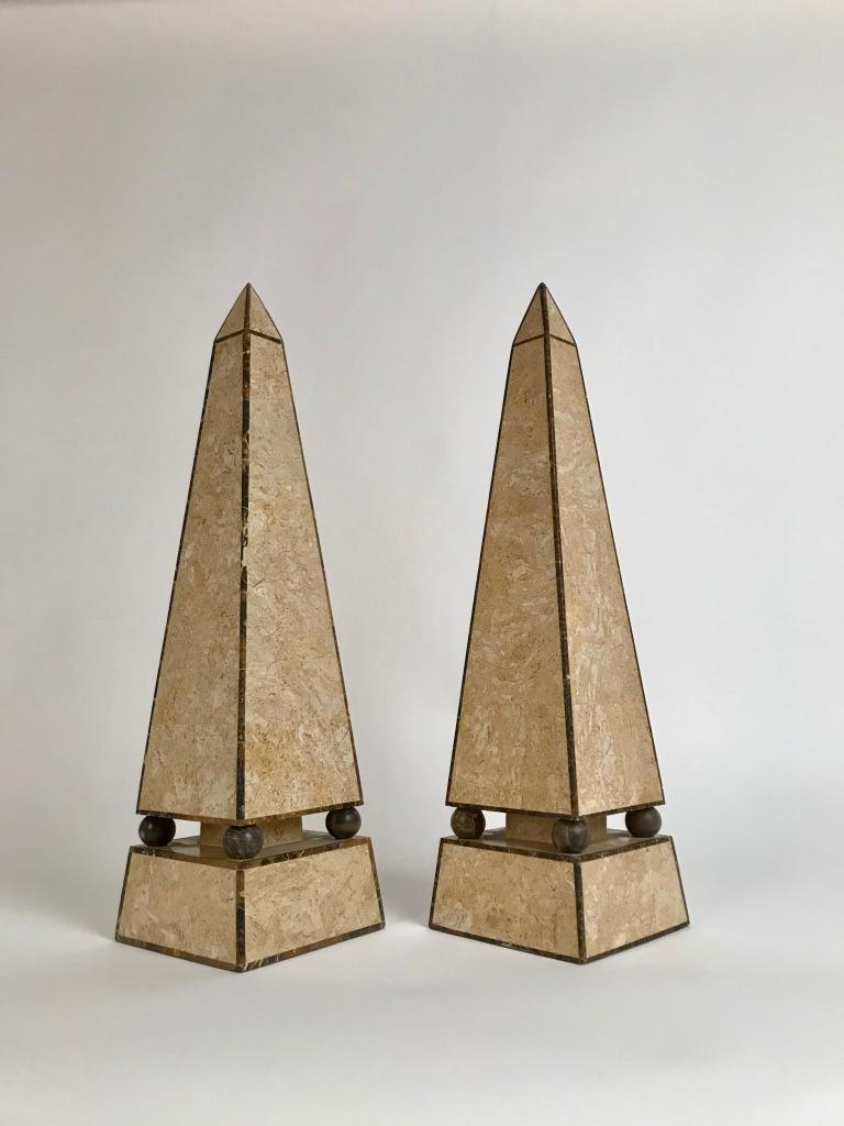 American Pair of Maitland Smith Style Obelisks with Travertine and Marble Veneer For Sale