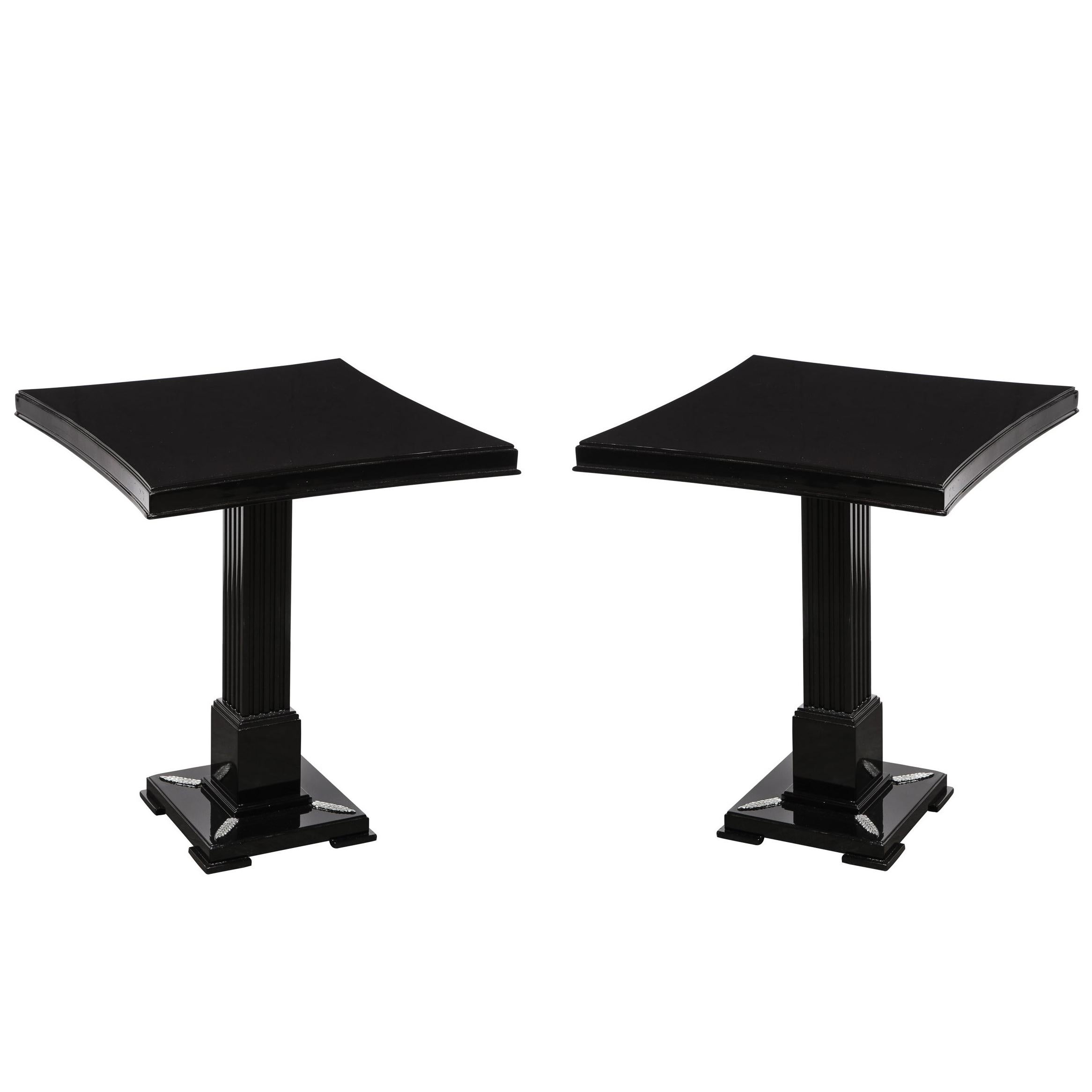 Pair of Occasional Tables in Black Lacquer with Pedestal Bases by Grosfeld House