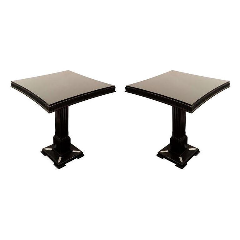 Pair of Occasional Tables in Ebonized Mahogany with Pedestal Bases by James Mont