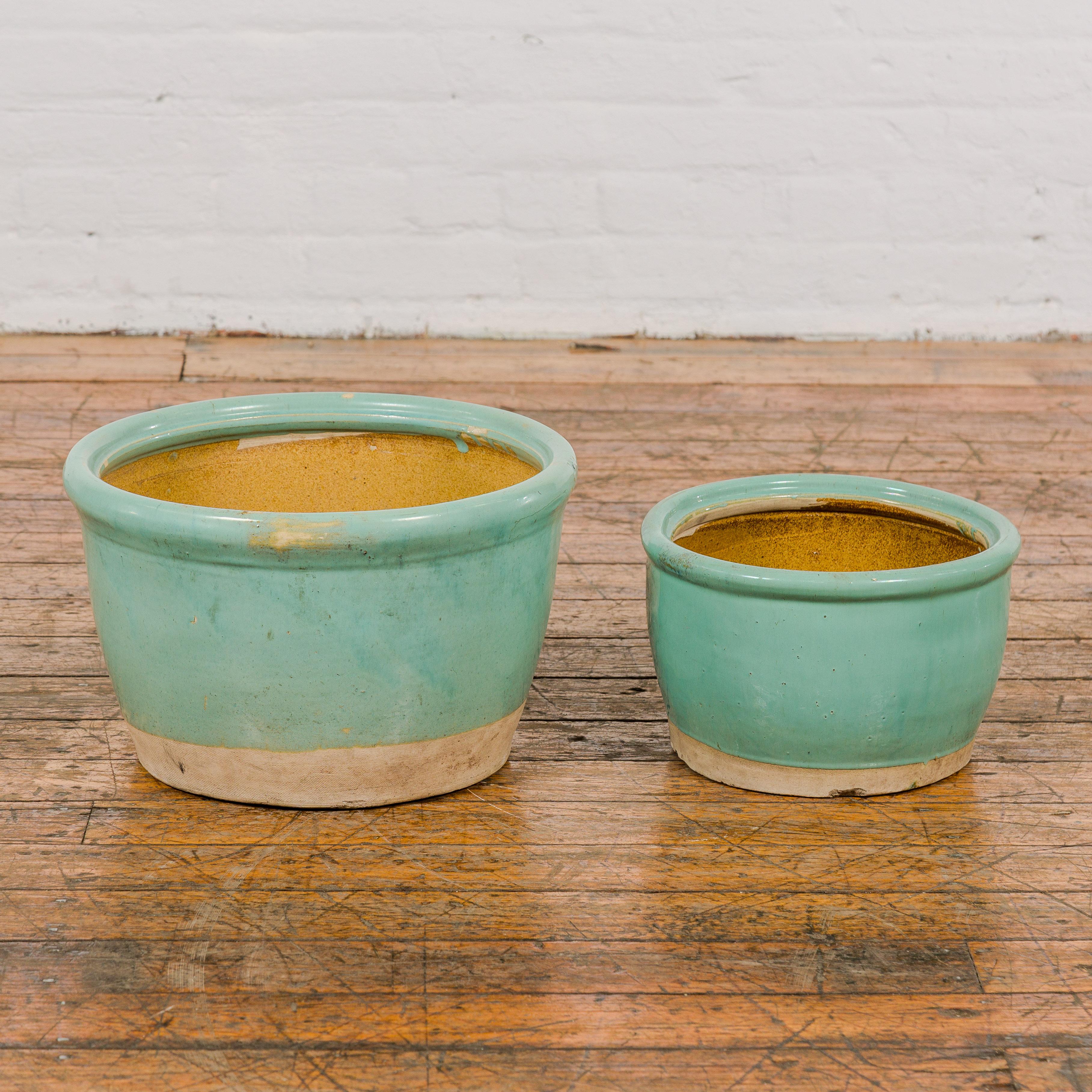 Pair of Ocean Blue Glazed Ceramic Round Nested Planters with Tapering Lines For Sale 8