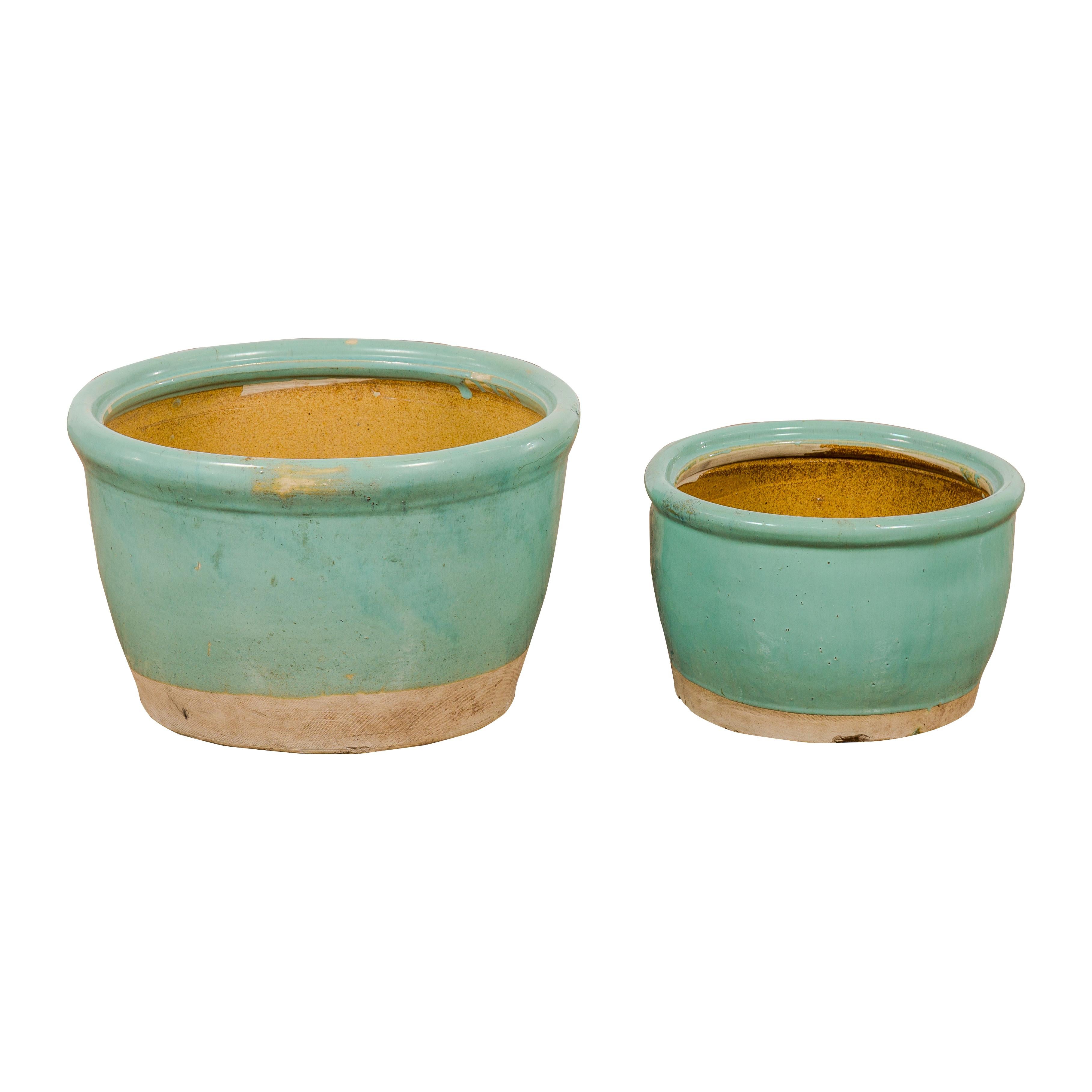 Pair of Ocean Blue Glazed Ceramic Round Nested Planters with Tapering Lines For Sale 12