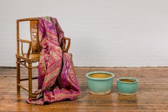 Pair of Ocean Blue Glazed Ceramic Round Nested Planters with Tapering Lines