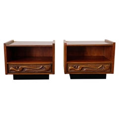 Pair of Oceanic Sculpted Walnut Nightstands by Pulaski Furniture Co., circa 1969