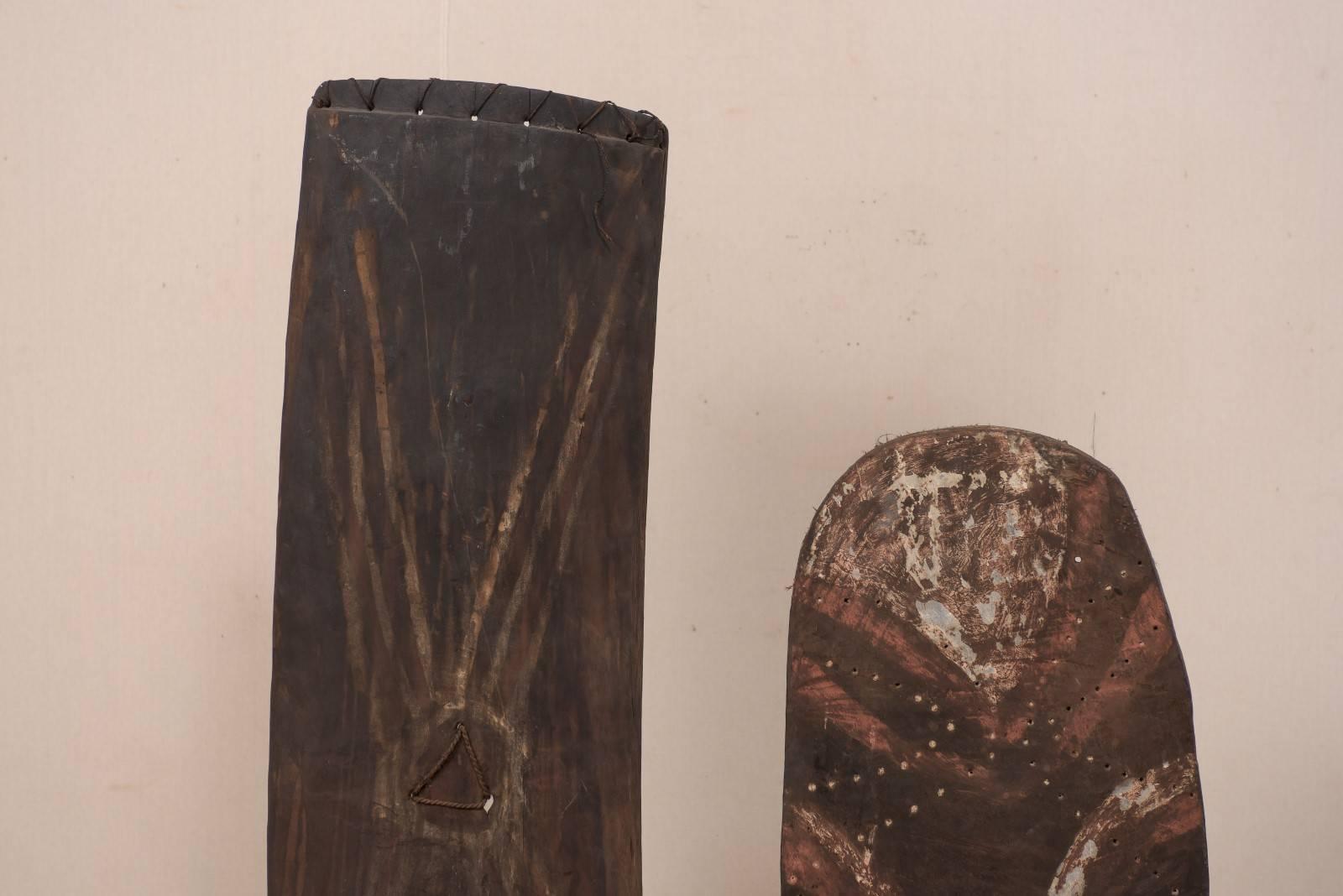 Hand-Carved Pair of Oceanic War Shields on Stands from Papua New Guinea For Sale