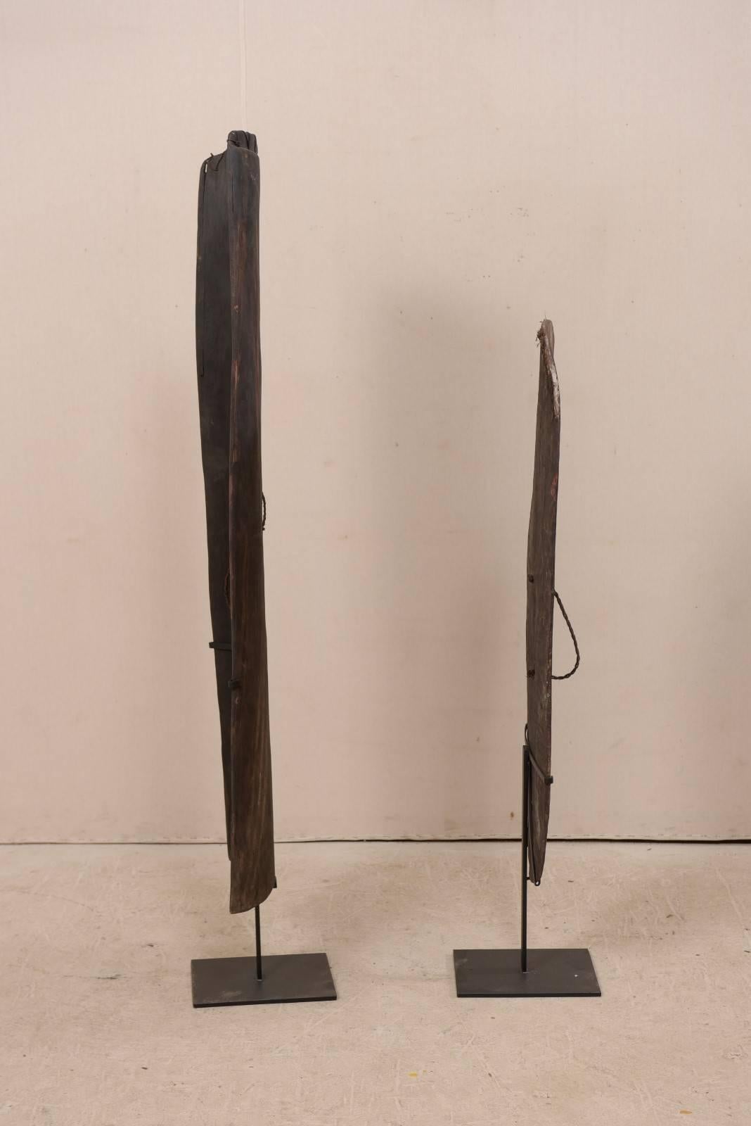 Iron Pair of Oceanic War Shields on Stands from Papua New Guinea For Sale