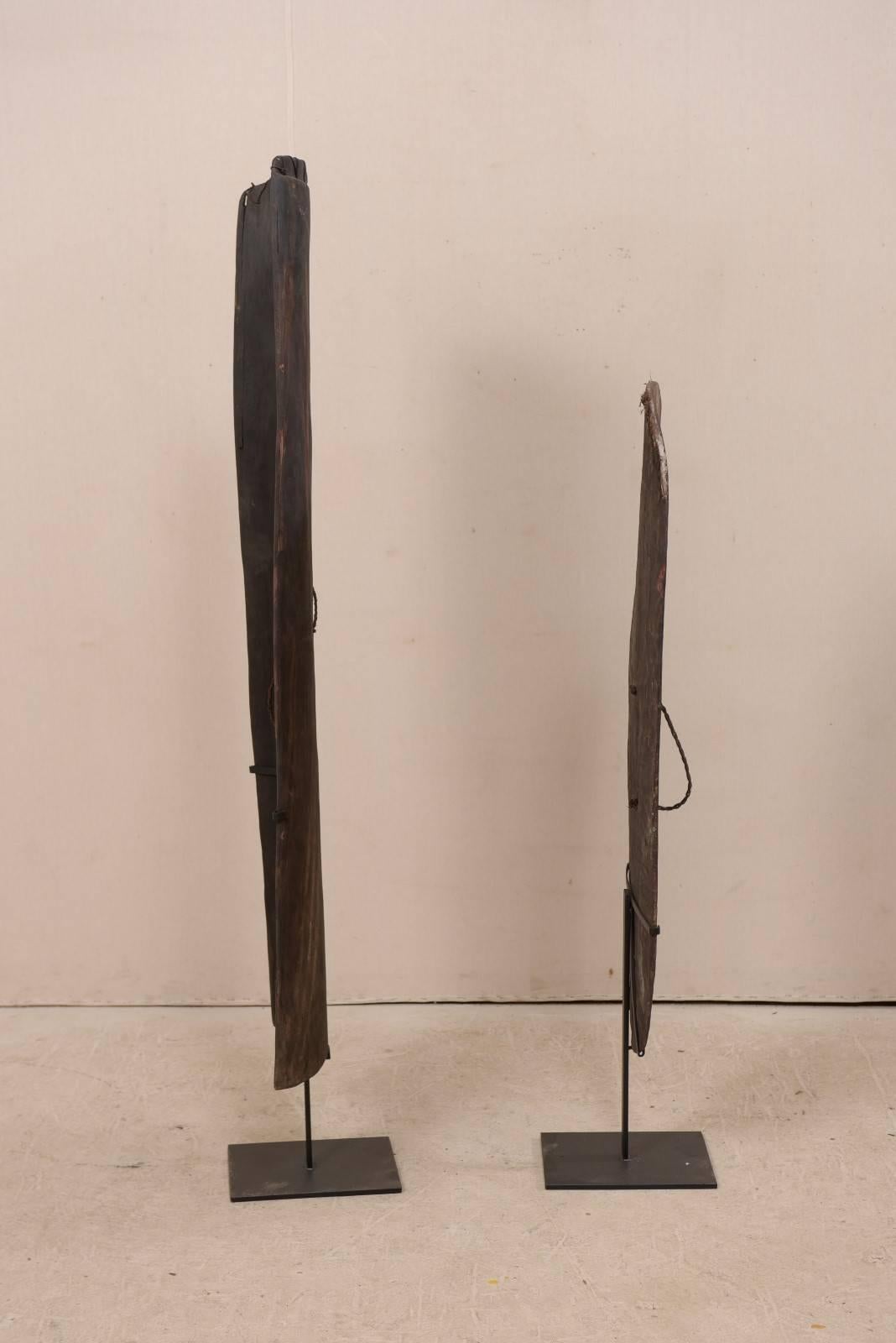 Iron Pair of Oceanic War Shields on Stands from Papua New Guinea
