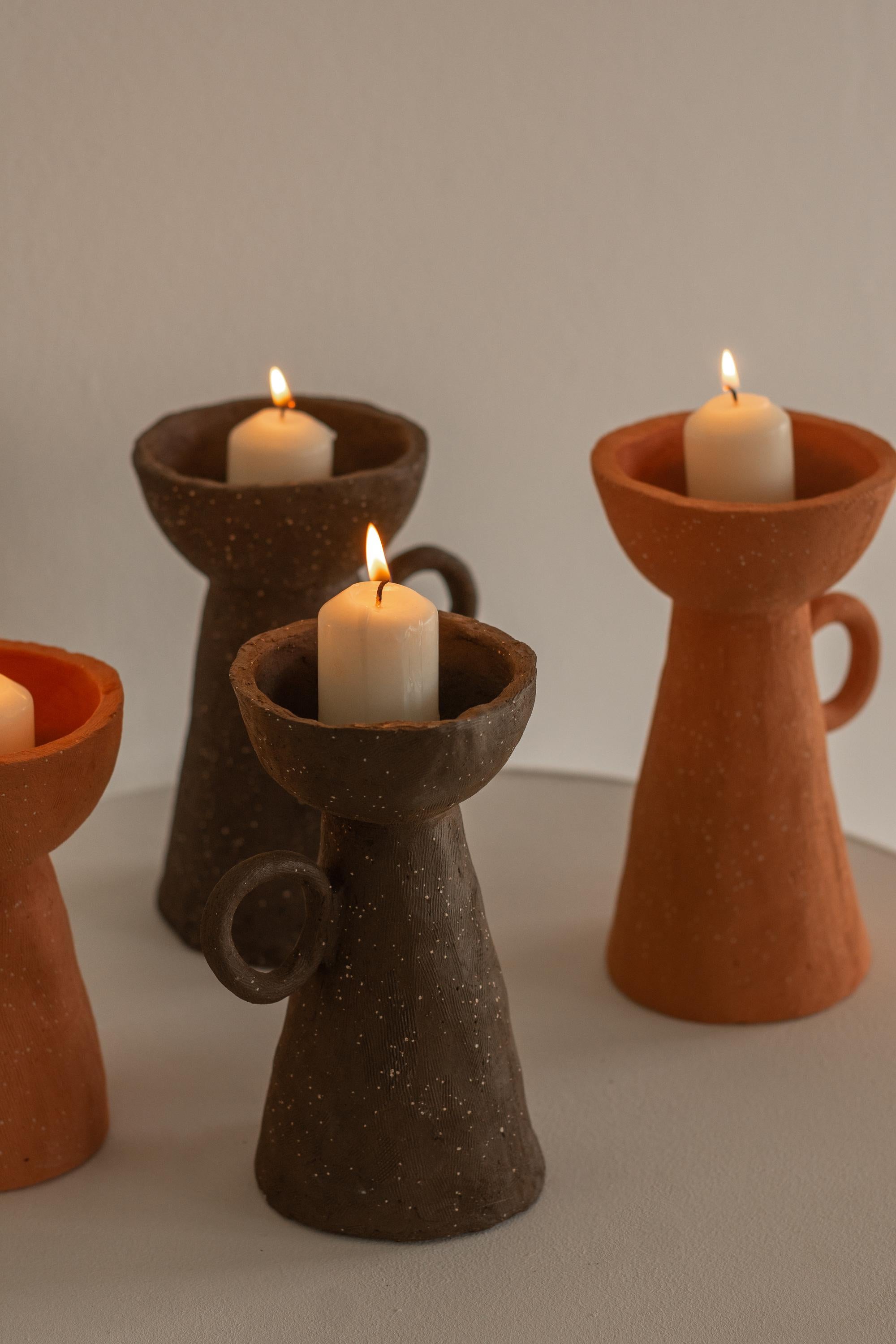 Contemporary Pair of Ocher Ceramic Candleholder For Sale