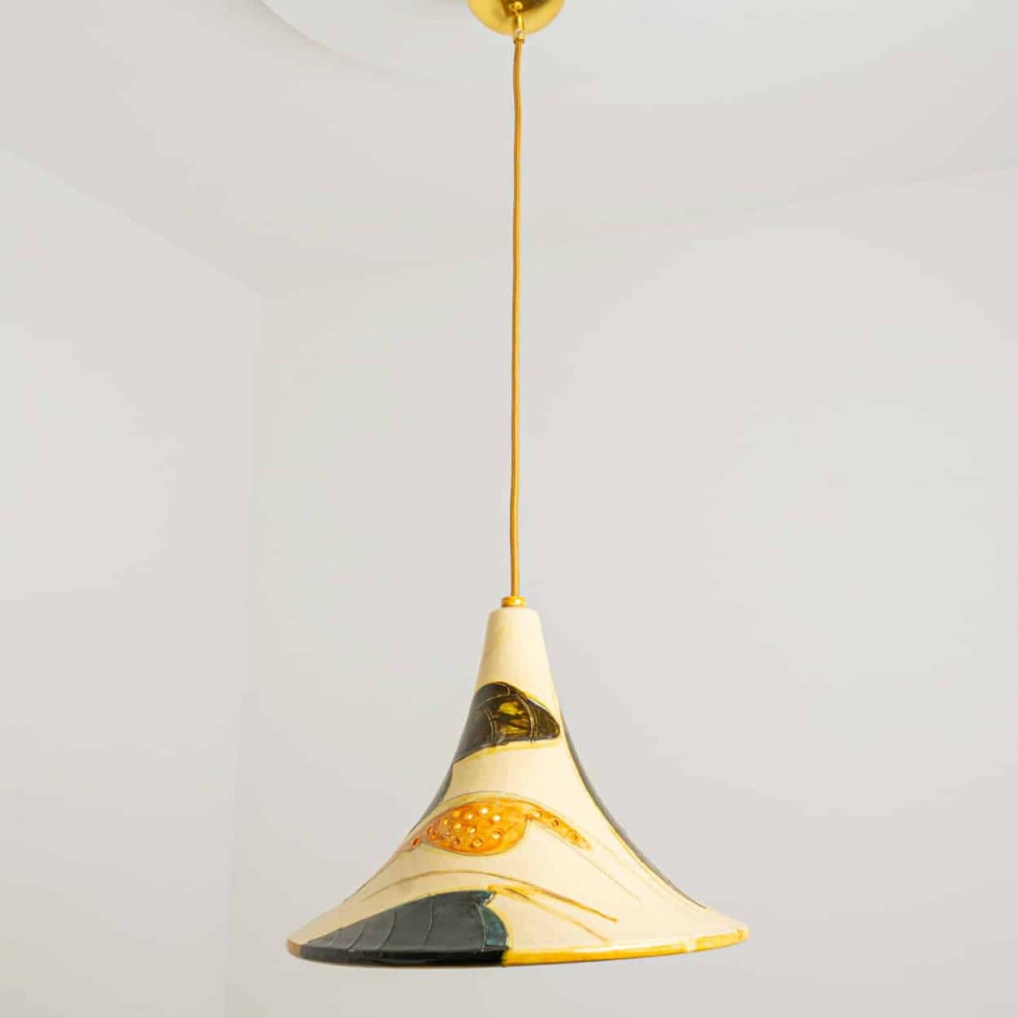 Pair of Ochre Blue Cream Orange Ceramic Cone Pendants, Denmark, 1970 For Sale 3