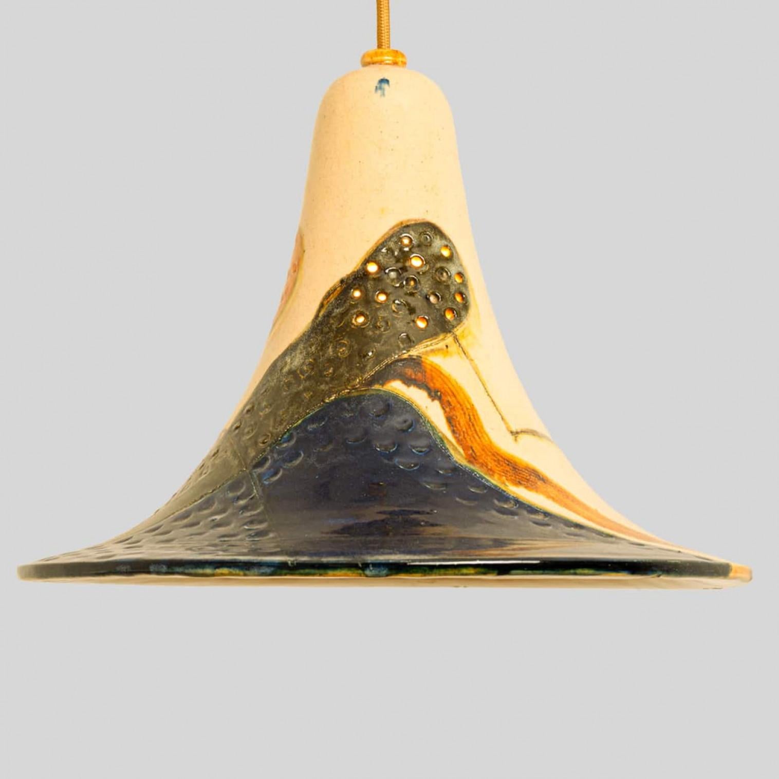 Pair of Ochre Blue Cream Orange Ceramic Cone Pendants, Denmark, 1970 For Sale 4