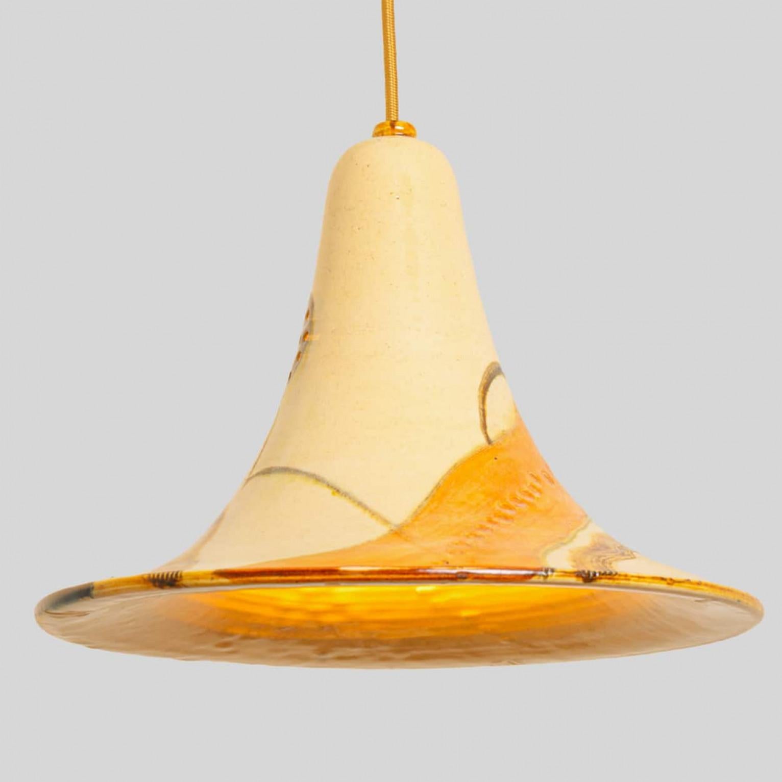 Pair of Ochre Blue Cream Orange Ceramic Cone Pendants, Denmark, 1970 For Sale 5