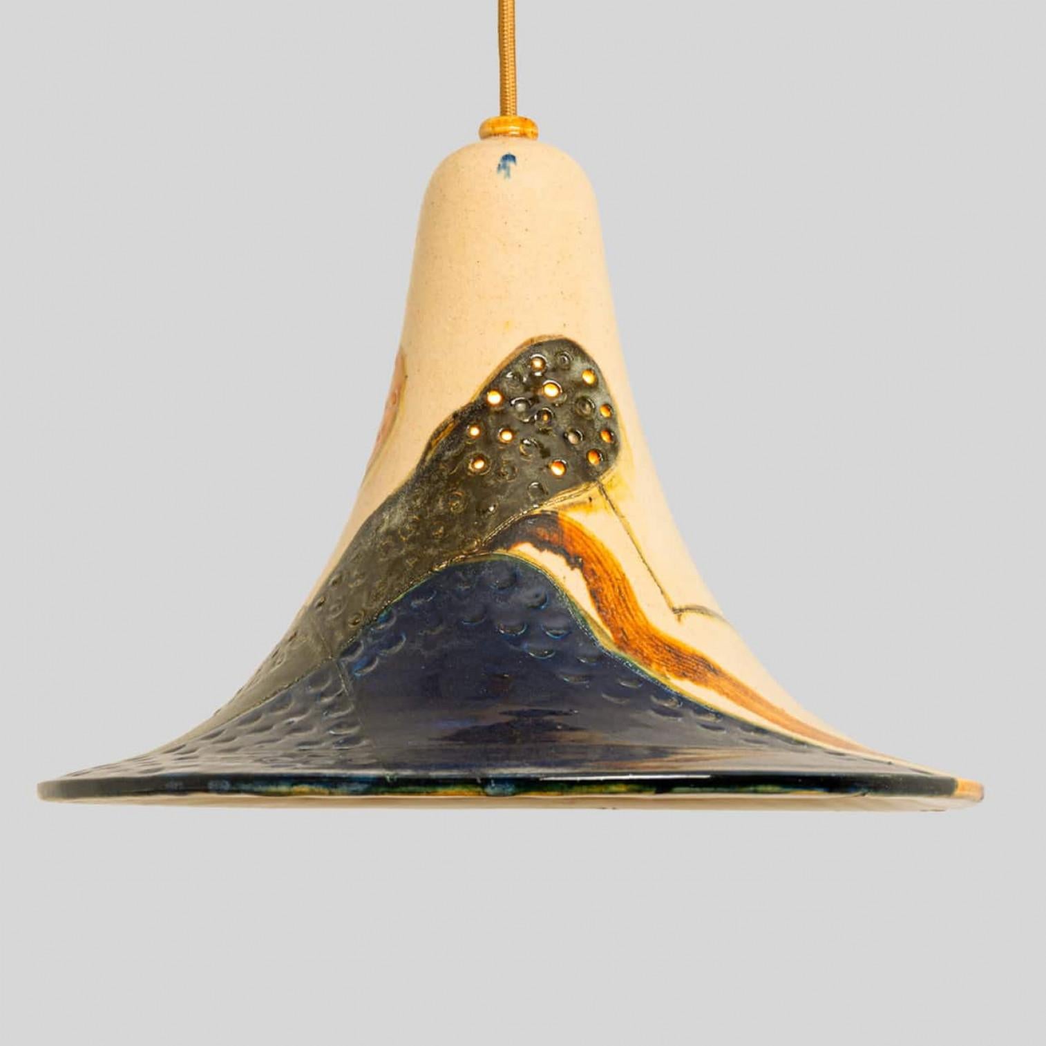 Pair of Ochre Blue Cream Orange Ceramic Cone Pendants, Denmark, 1970 For Sale 6
