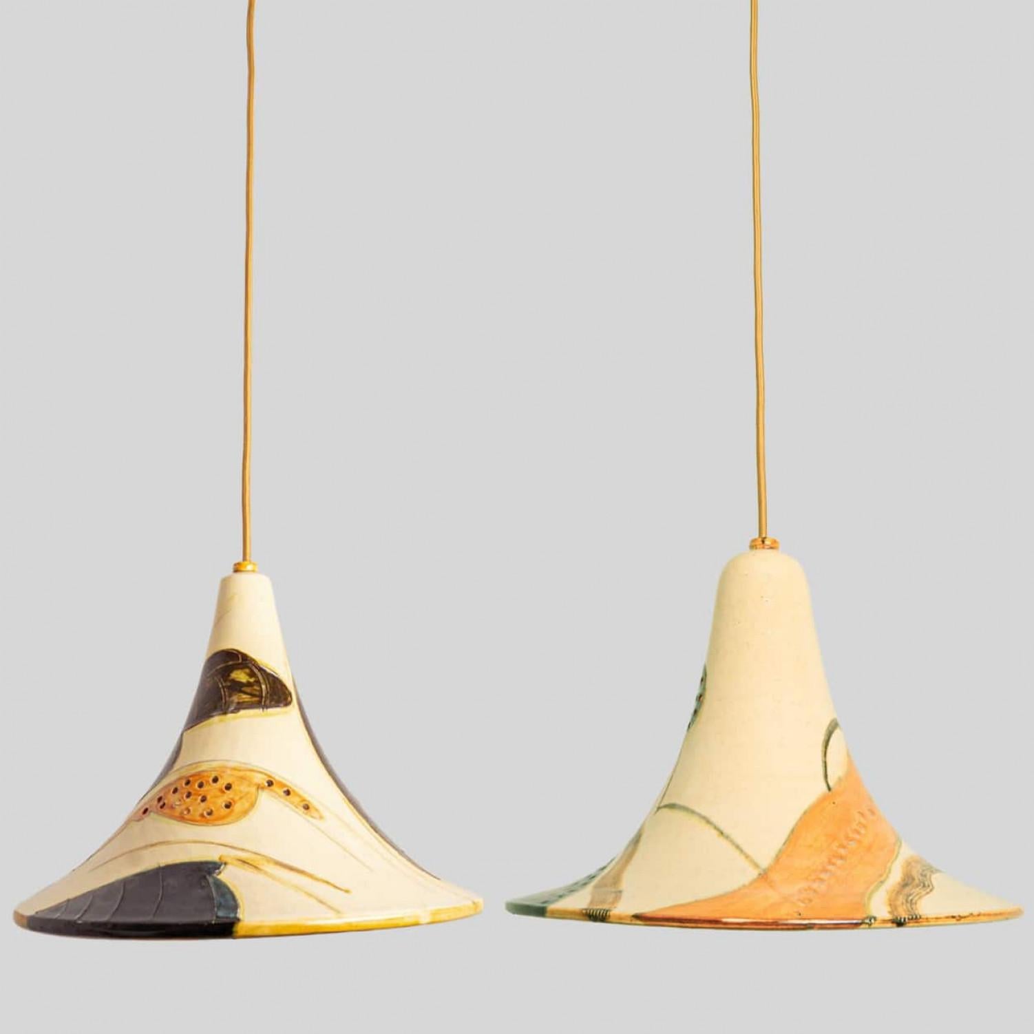 Danish Pair of Ochre Blue Cream Orange Ceramic Cone Pendants, Denmark, 1970 For Sale