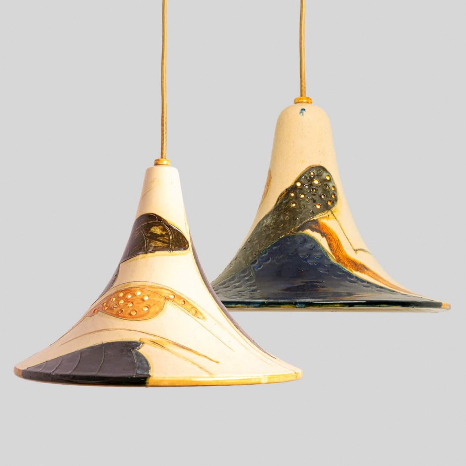 Other Pair of Ochre Blue Cream Orange Ceramic Cone Pendants, Denmark, 1970 For Sale