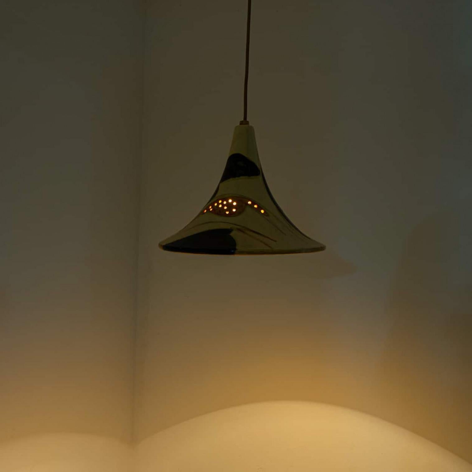 Pair of Ochre Blue Cream Orange Ceramic Cone Pendants, Denmark, 1970 In Good Condition For Sale In Rijssen, NL