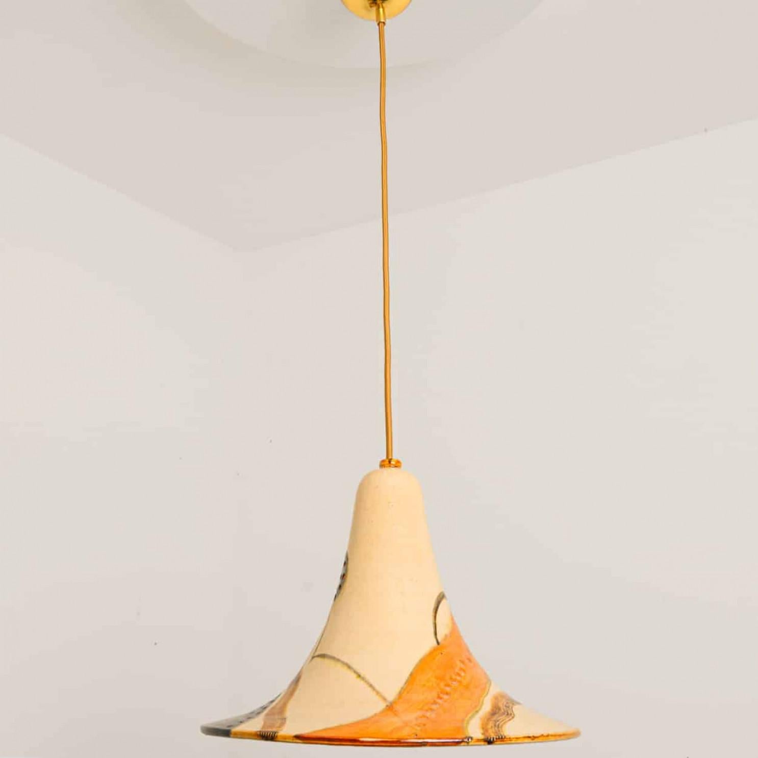 Late 20th Century Pair of Ochre Blue Cream Orange Ceramic Cone Pendants, Denmark, 1970 For Sale