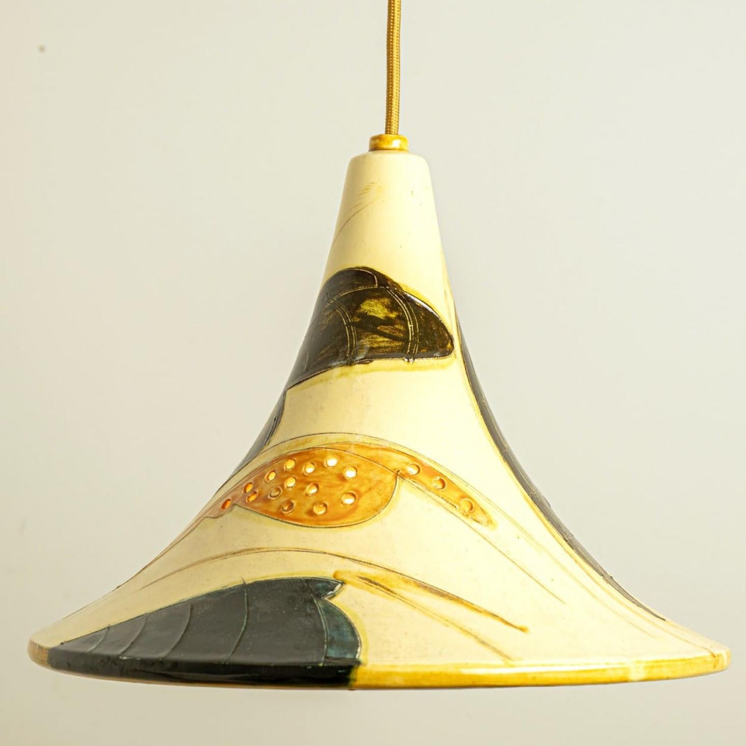 Pair of Ochre Blue Cream Orange Ceramic Cone Pendants, Denmark, 1970 For Sale 1