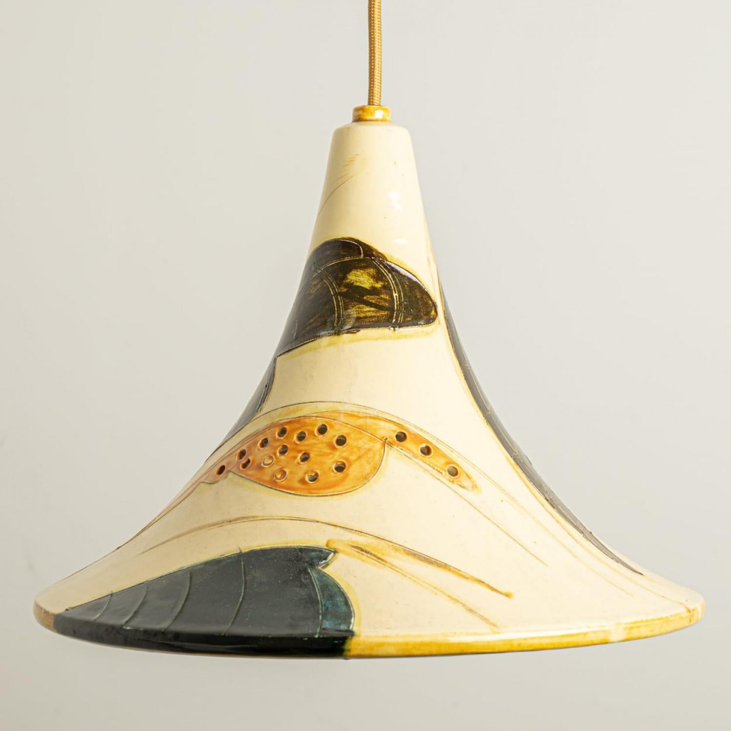 Pair of Ochre Blue Cream Orange Ceramic Cone Pendants, Denmark, 1970 For Sale 2