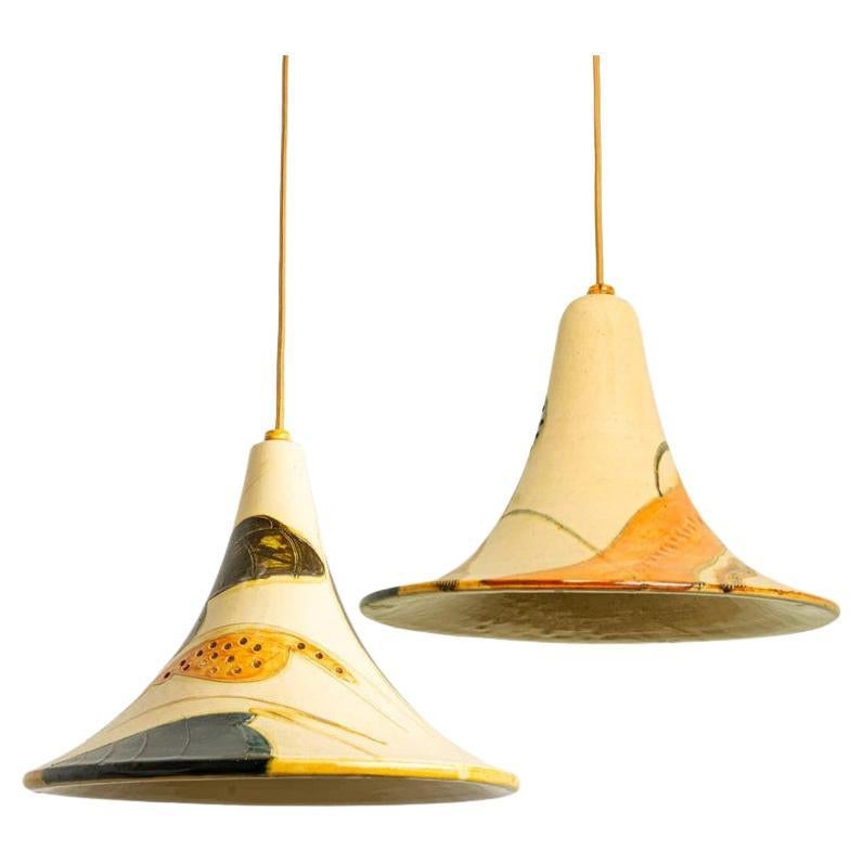 Pair of Ochre Blue Cream Orange Ceramic Cone Pendants, Denmark, 1970 For Sale