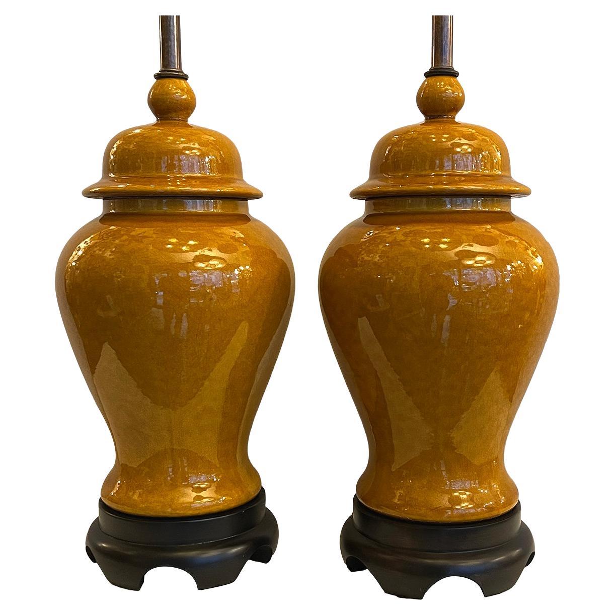 Pair of Ochre Porcelain Lamps For Sale