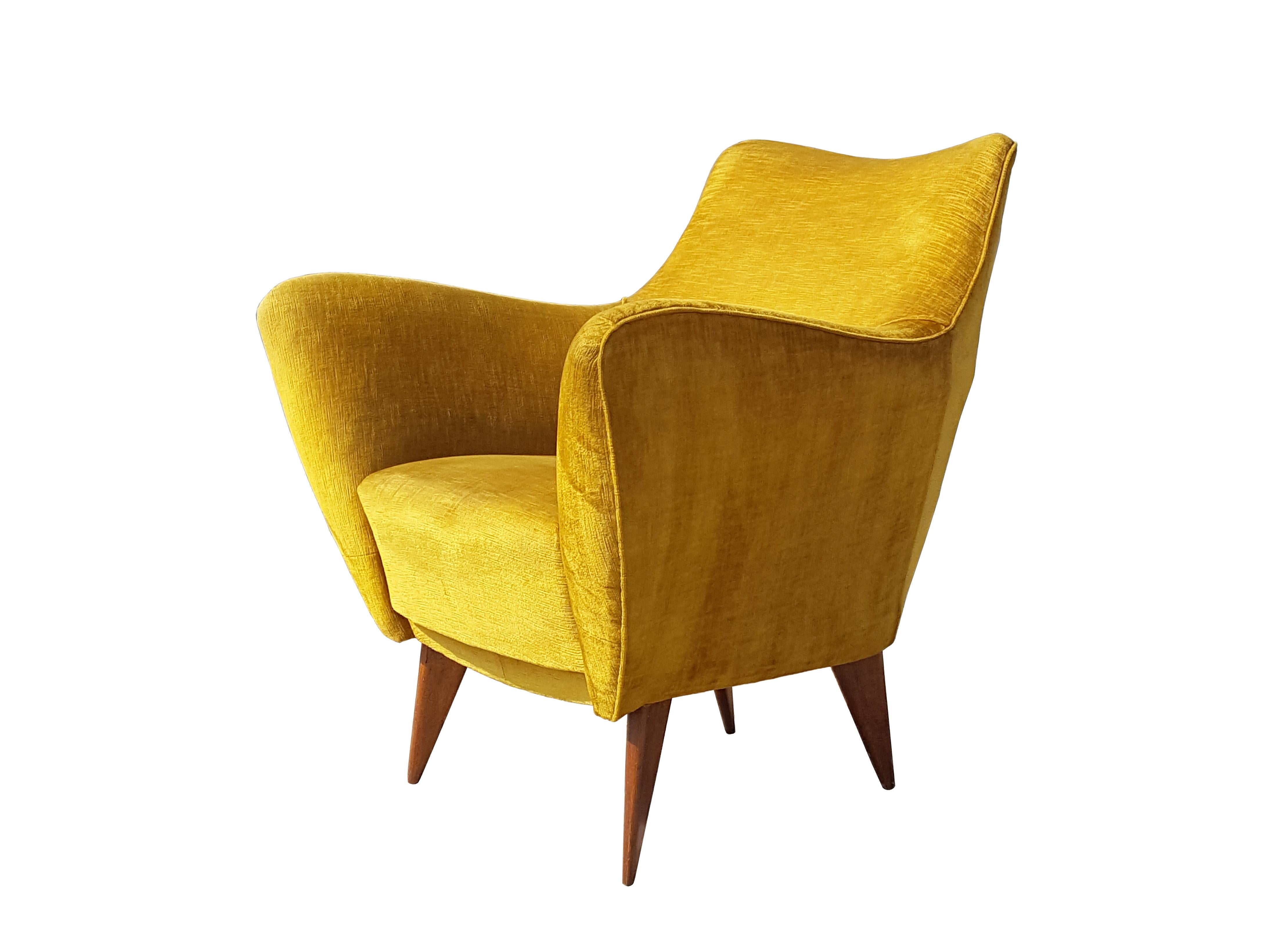 Mid-Century Modern Pair of Ocra Yellow Velvet and Wood 1950s Perla Armchair by G. Veronesi for ISA For Sale
