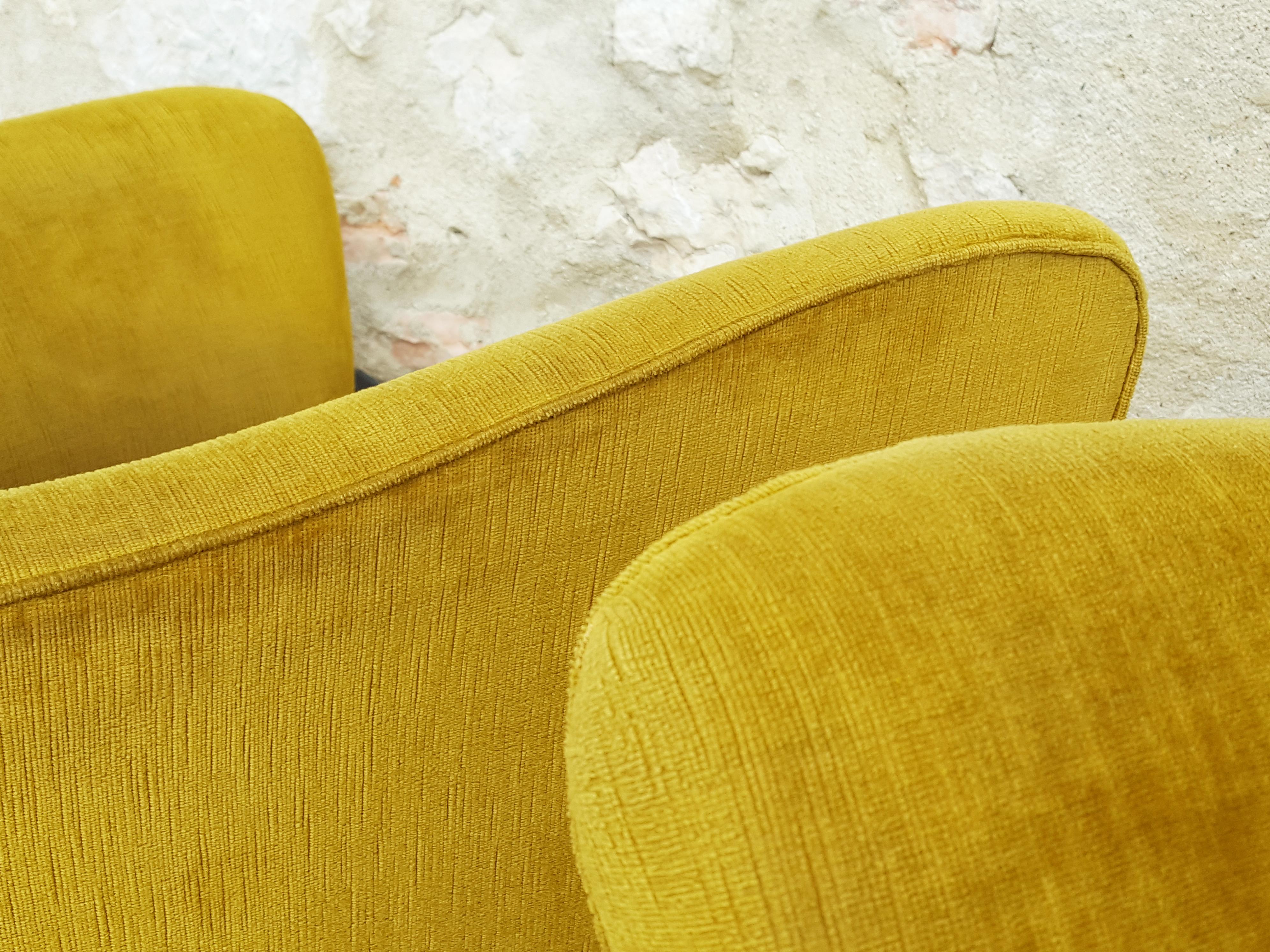 Mid-20th Century Pair of Ocra Yellow Velvet and Wood 1950s Perla Armchair by G. Veronesi for ISA For Sale
