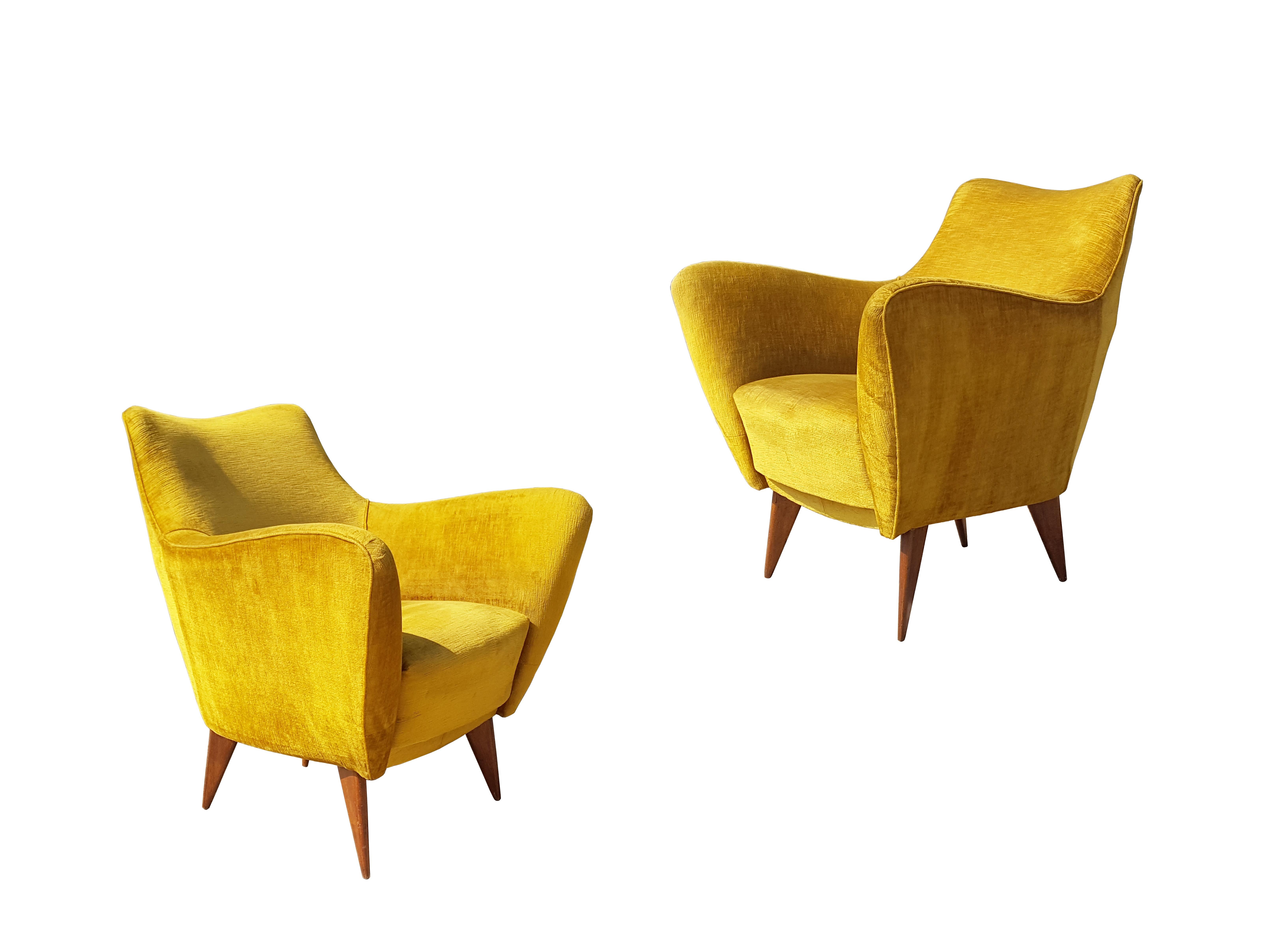 Fabric Pair of Ocra Yellow Velvet and Wood 1950s Perla Armchair by G. Veronesi for ISA For Sale