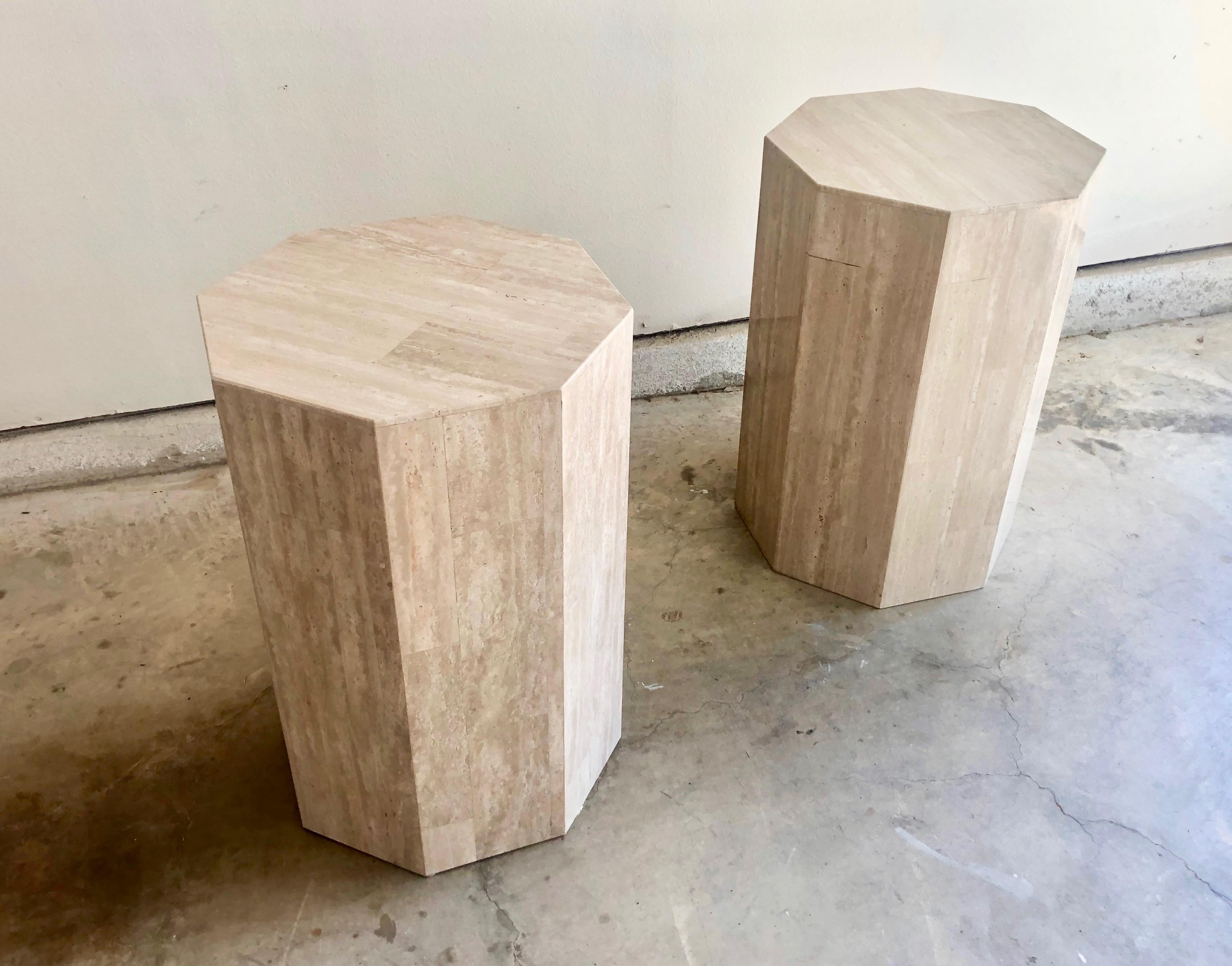 Modern Pair of Octagon Travertine Pedestals