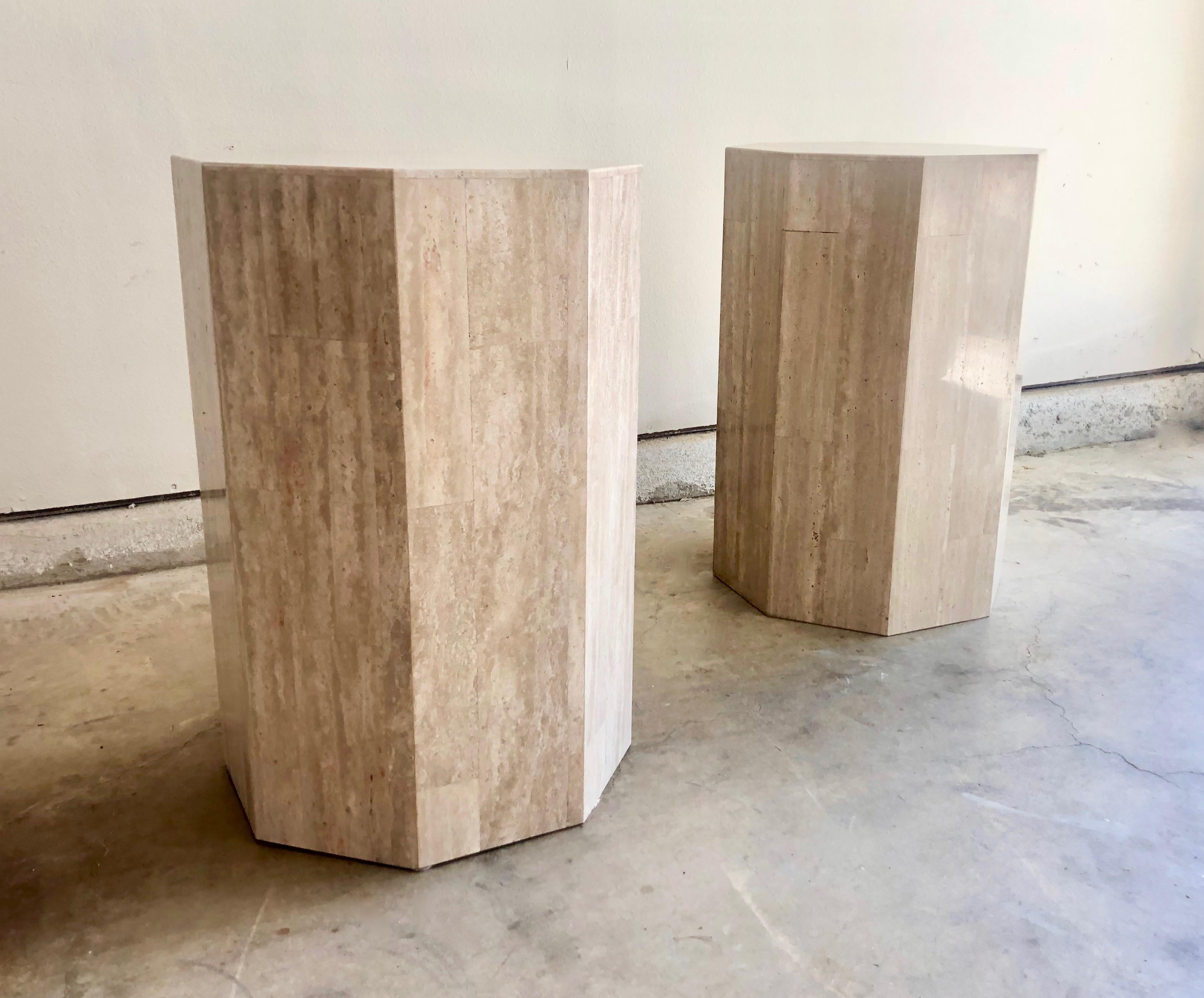 Pair of Octagon Travertine Pedestals In Good Condition In Denton, TX