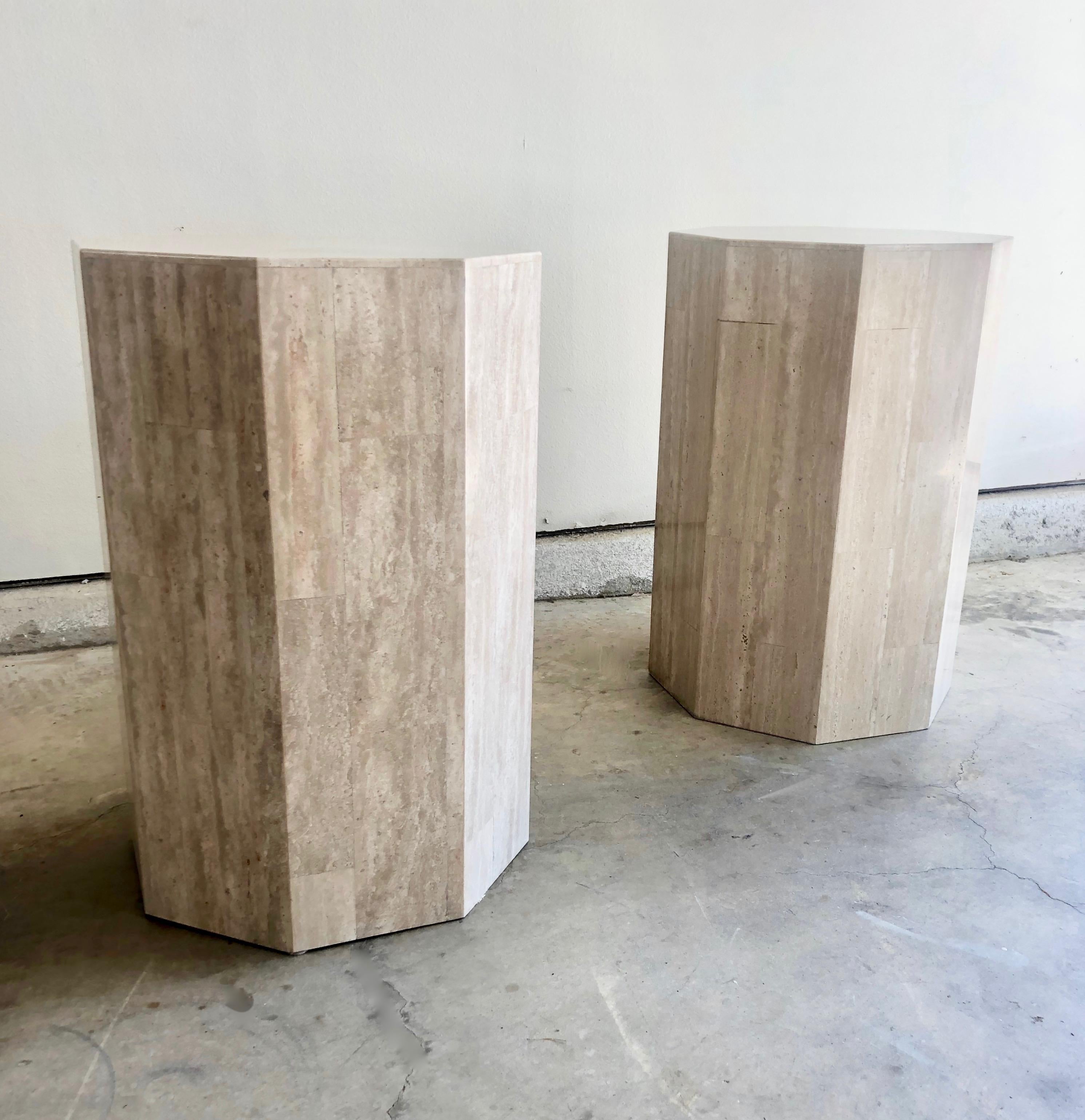 Late 20th Century Pair of Octagon Travertine Pedestals