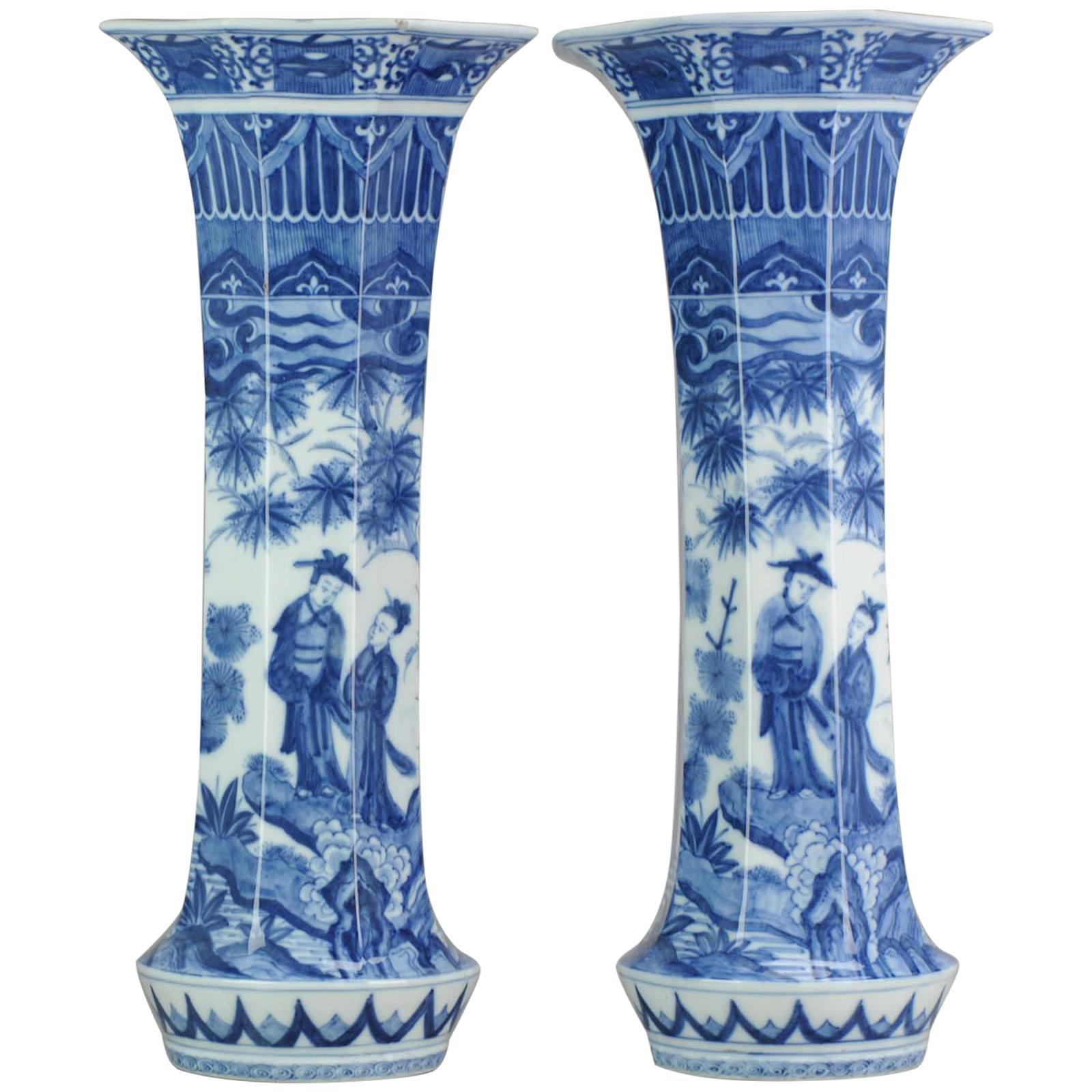 Pair of Octagonal Antique Japanese Porcelain Vases Figures Garden For Sale