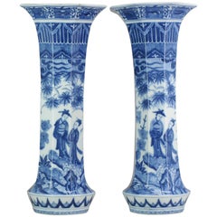Pair of Octagonal Antique Japanese Porcelain Vases Figures Garden