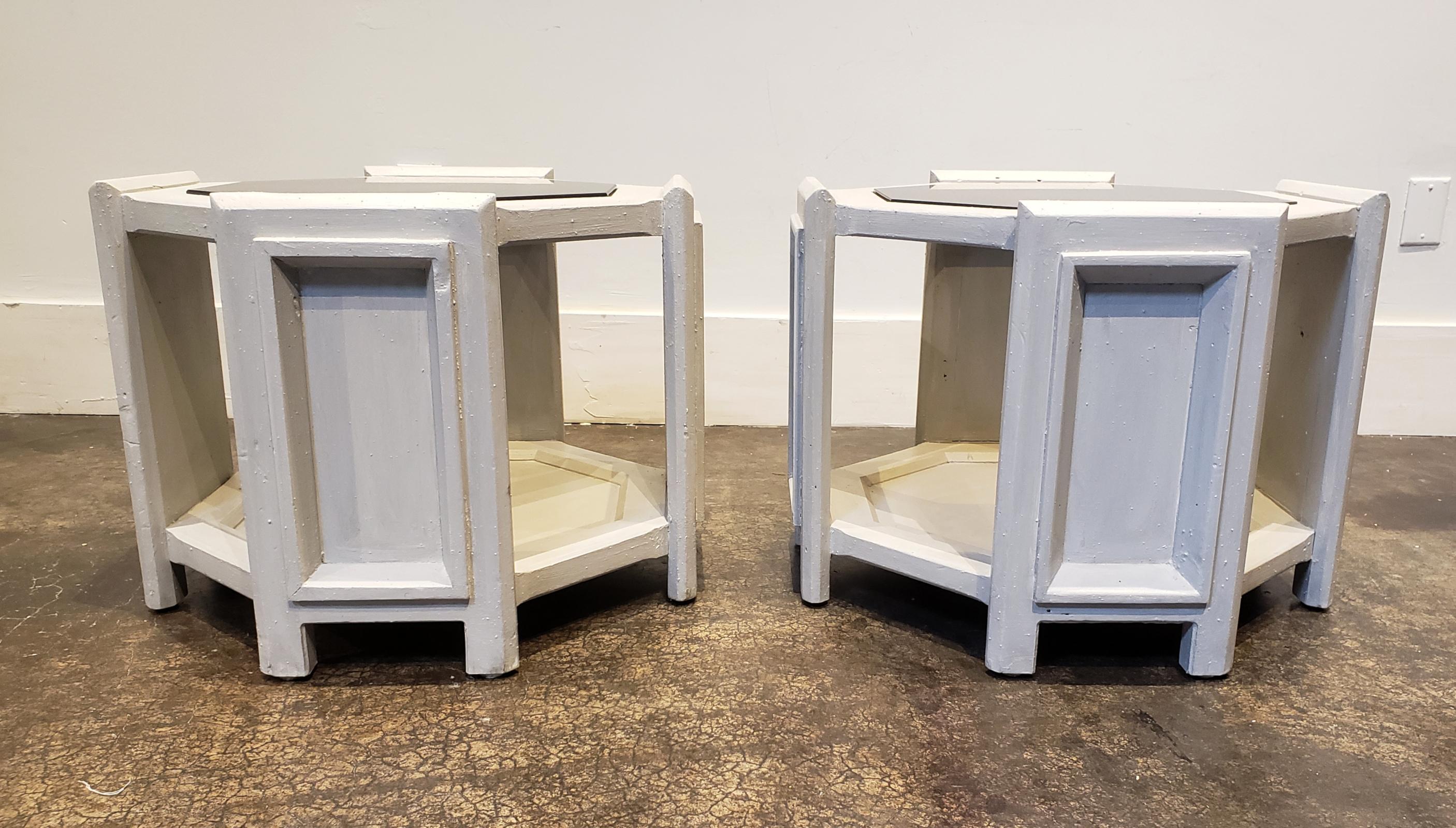 Hand-Painted Pair of Octagonal Brutalist Memphis Side Tables with Faux Concrete Finish For Sale