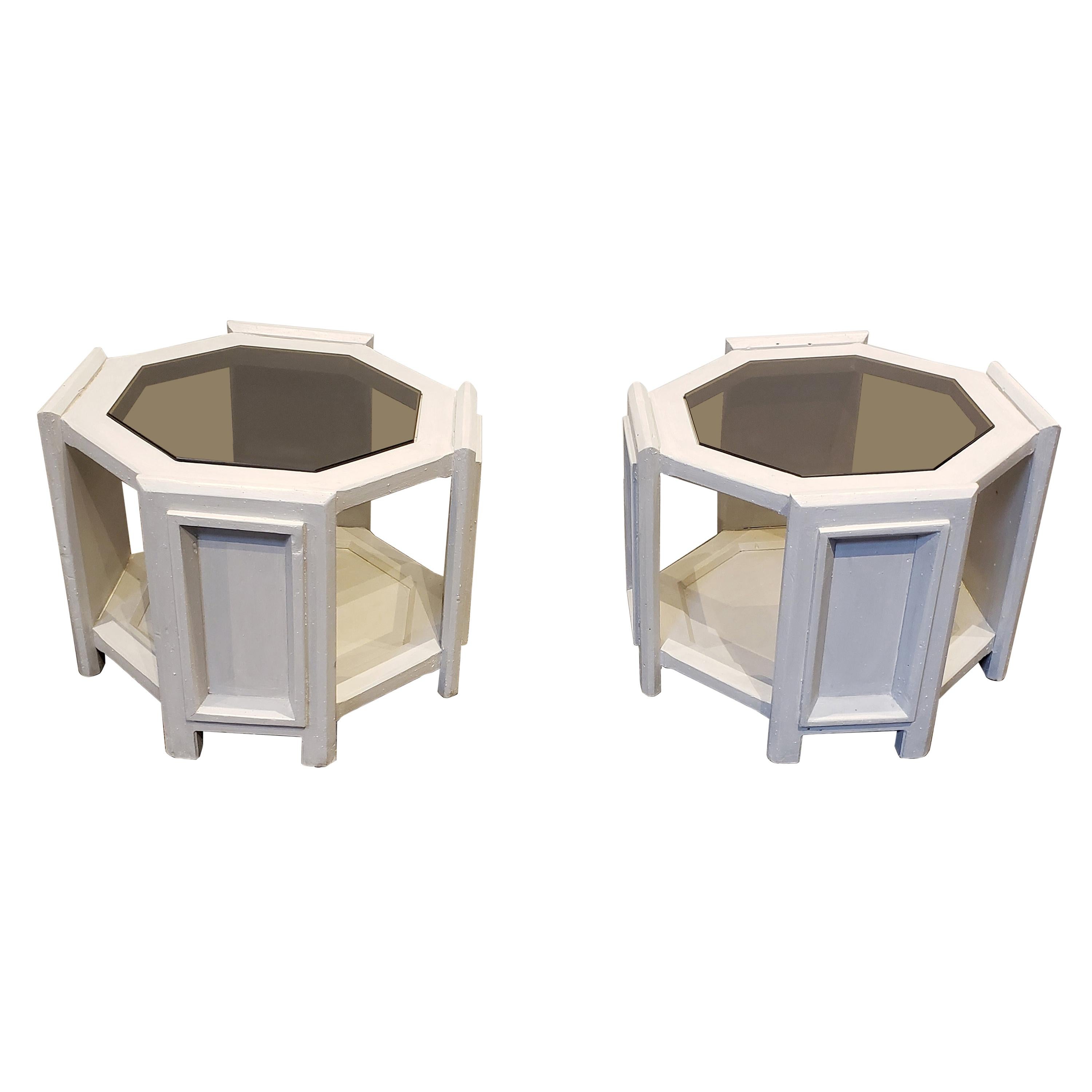 Pair of Octagonal Brutalist Memphis Side Tables with Faux Concrete Finish For Sale