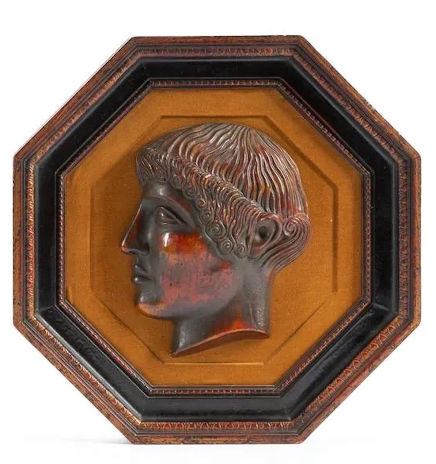 Blackened Pair of Octagonal Framed 'Pompeiian Red' Pottery Roman Medallions For Sale