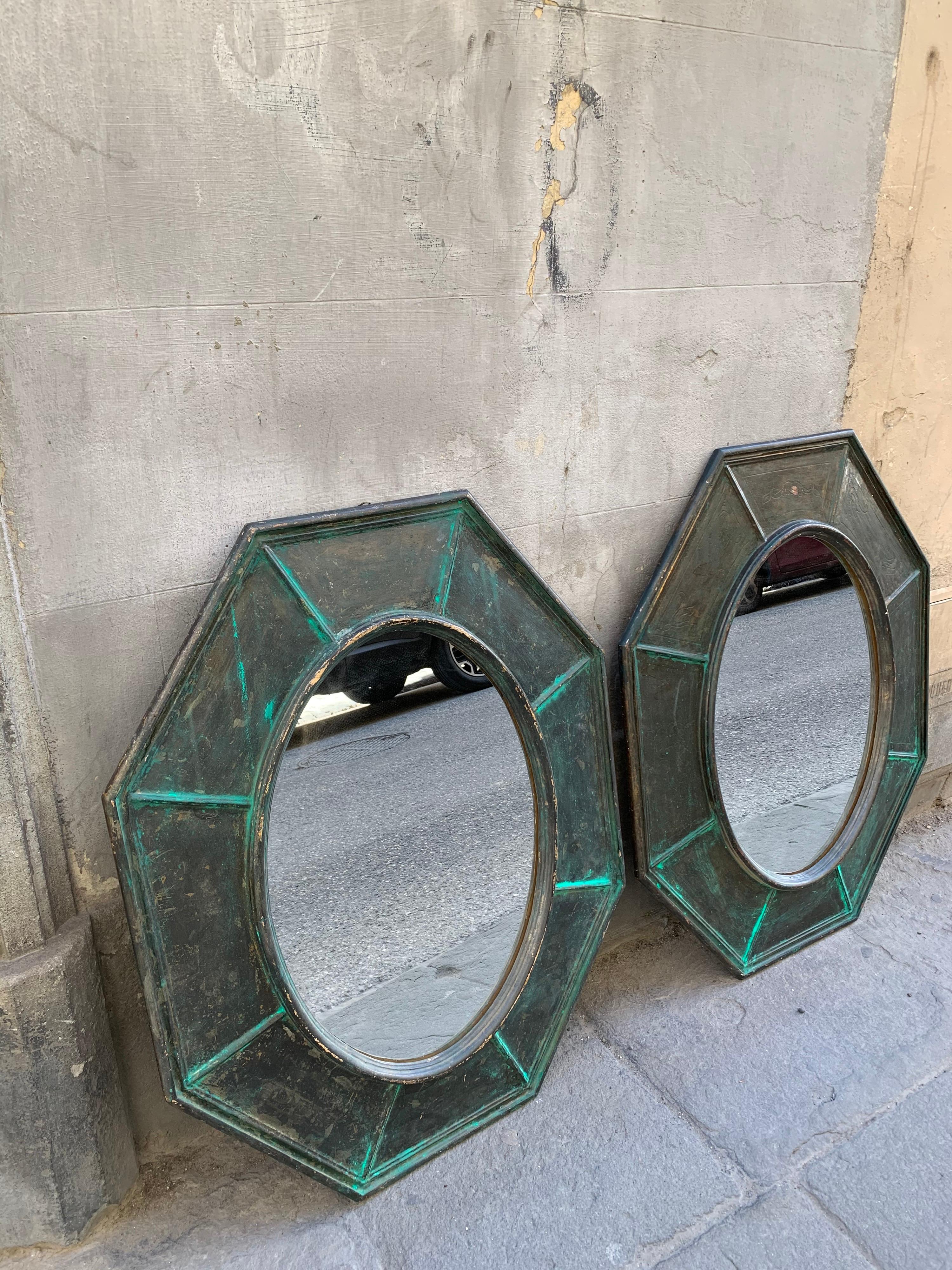 Pair of Octagonal Green Wood Mirrors Decorated with Metallic Effect, Early '900 4