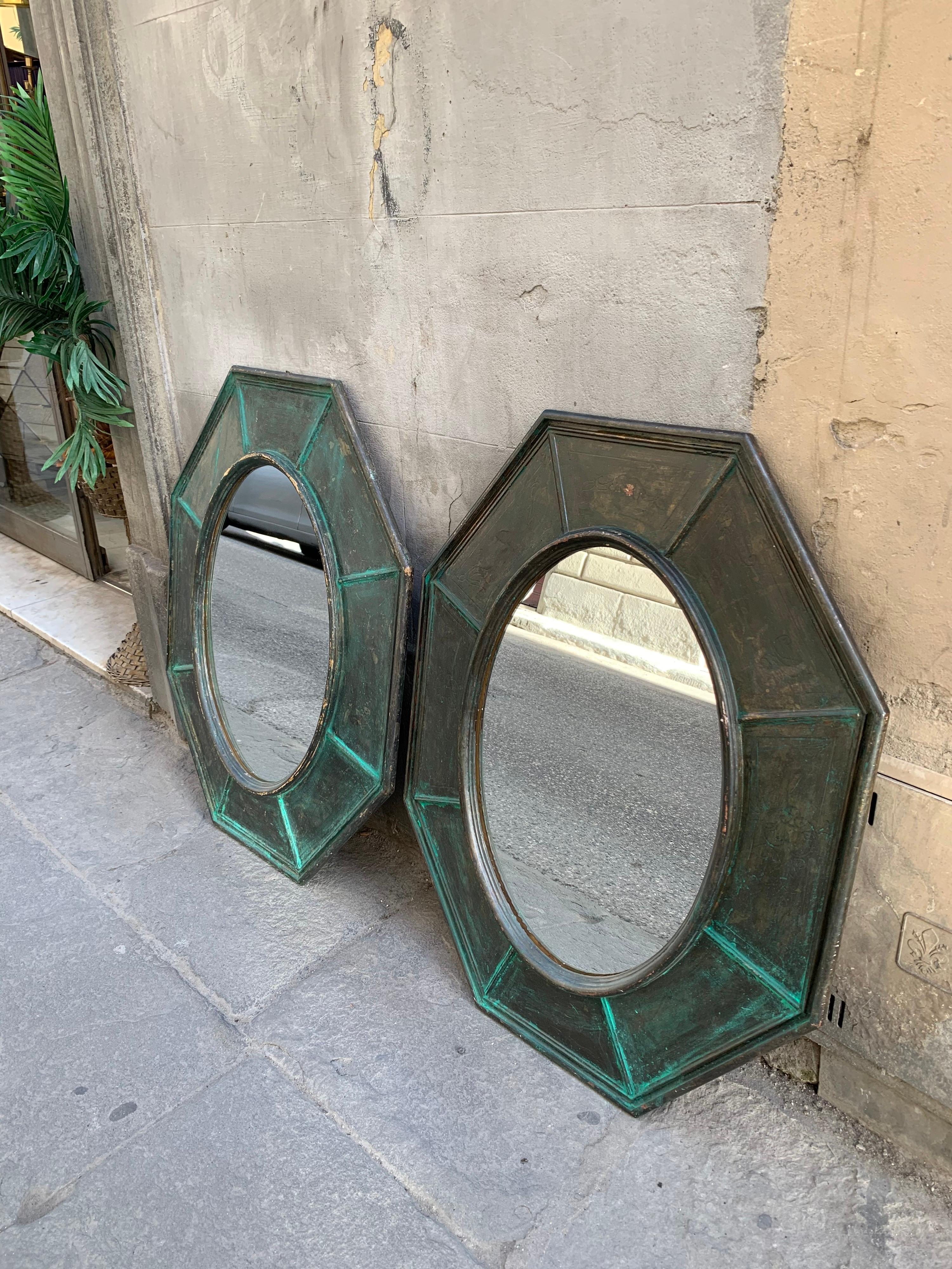 Pair of Octagonal Green Wood Mirrors Decorated with Metallic Effect, Early '900 5