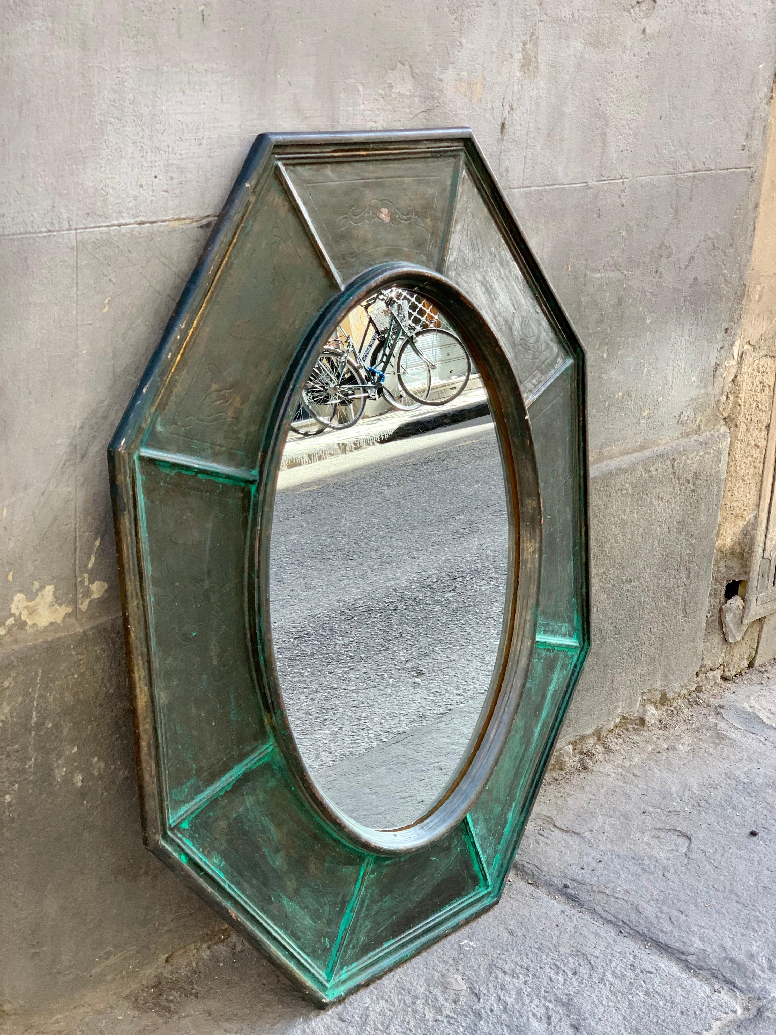 Pair of Octagonal Green Wood Mirrors Decorated with Metallic Effect, Early '900 6
