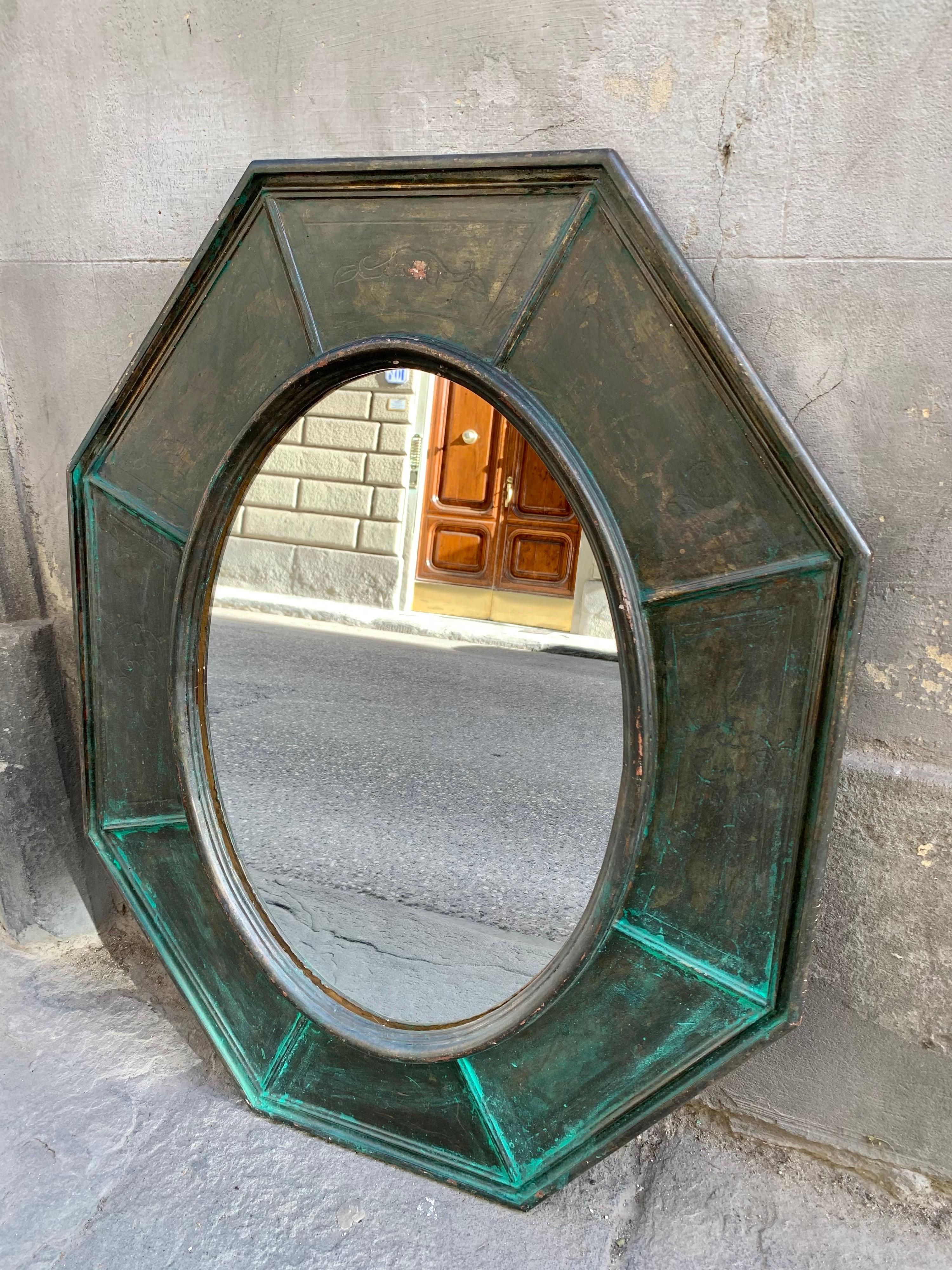 Pair of Octagonal Green Wood Mirrors Decorated with Metallic Effect, Early '900 7