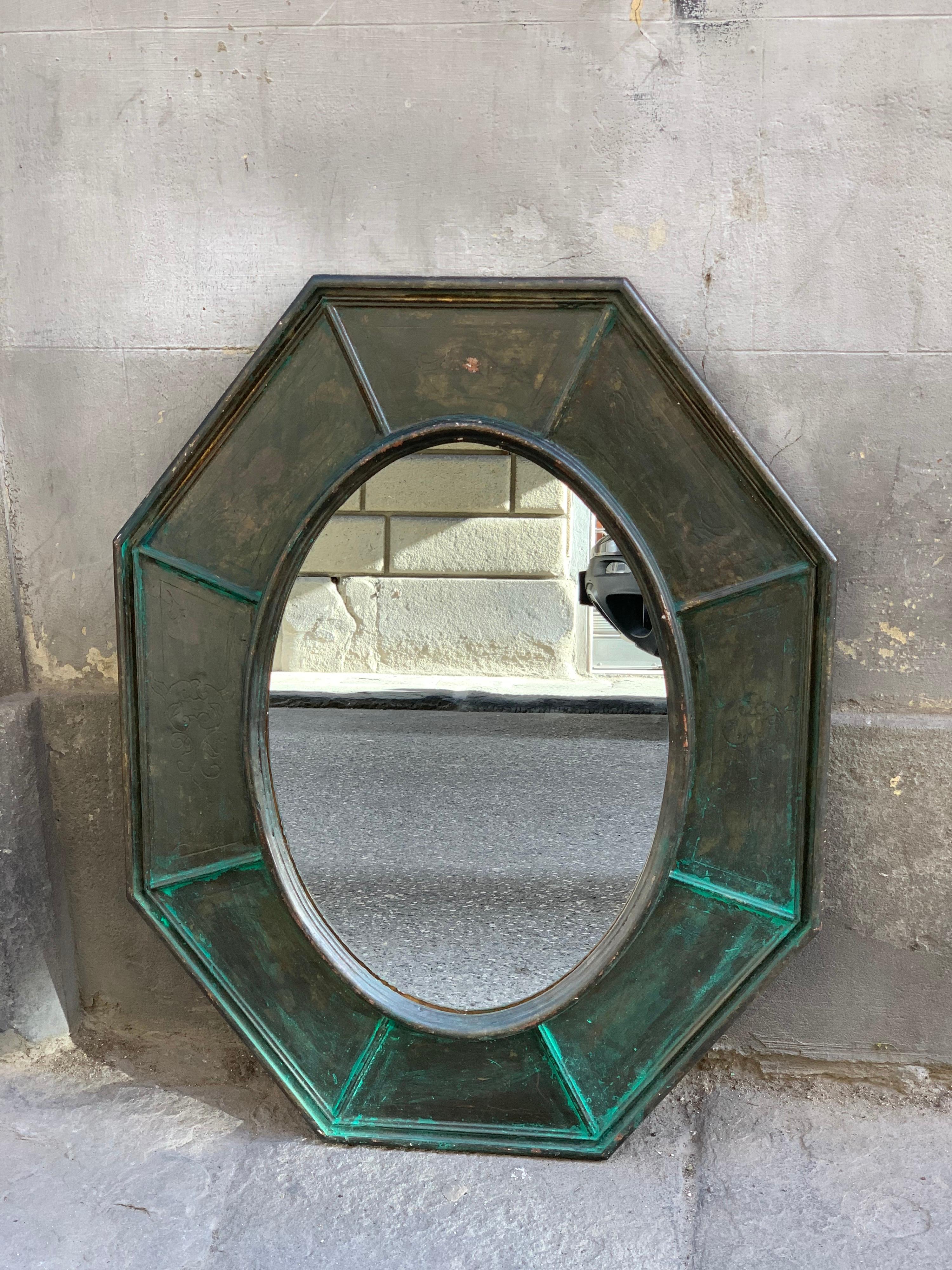 Pair of Octagonal Green Wood Mirrors Decorated with Metallic Effect, Early '900 8
