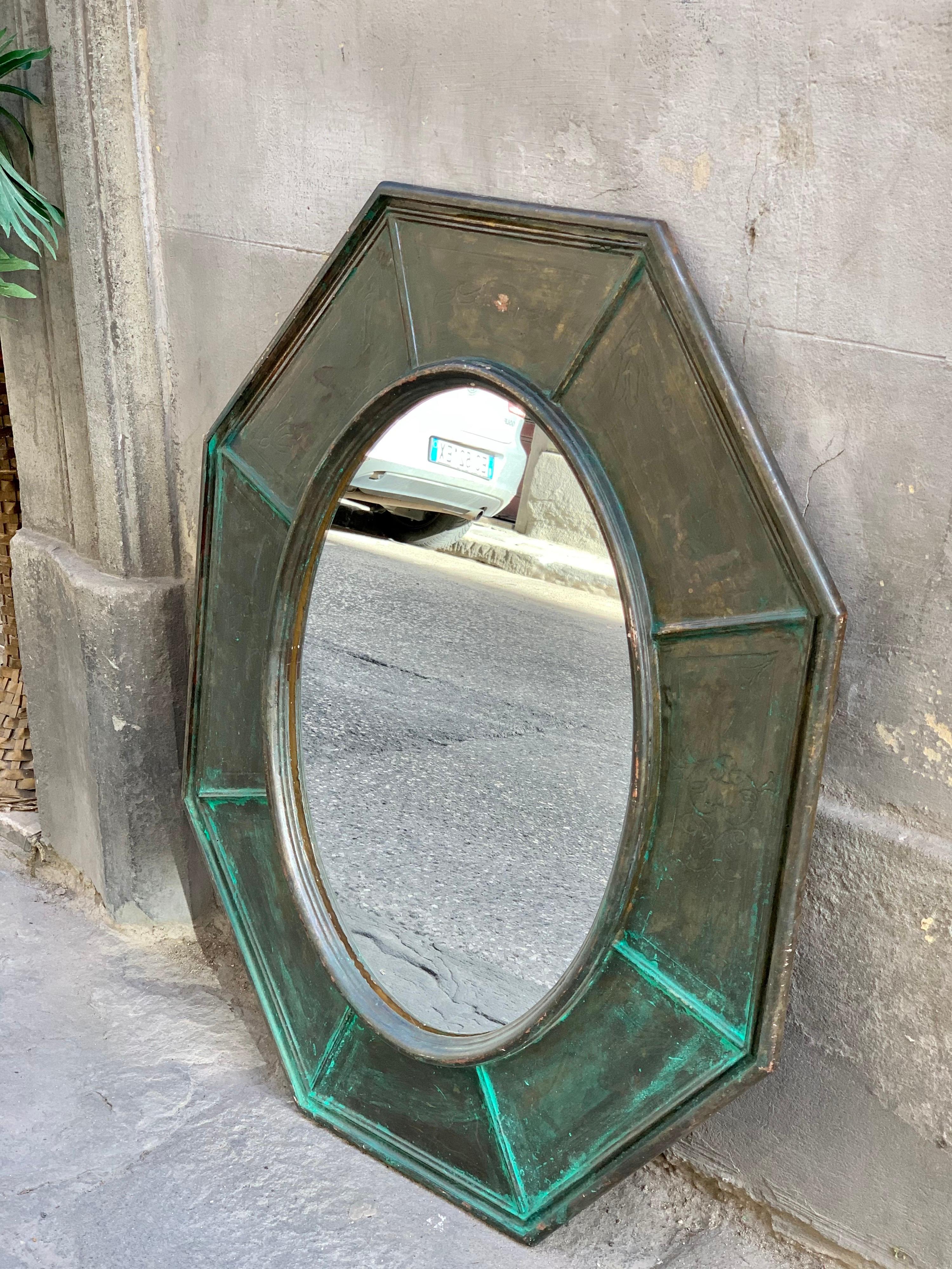 Pair of Octagonal Green Wood Mirrors Decorated with Metallic Effect, Early '900 9
