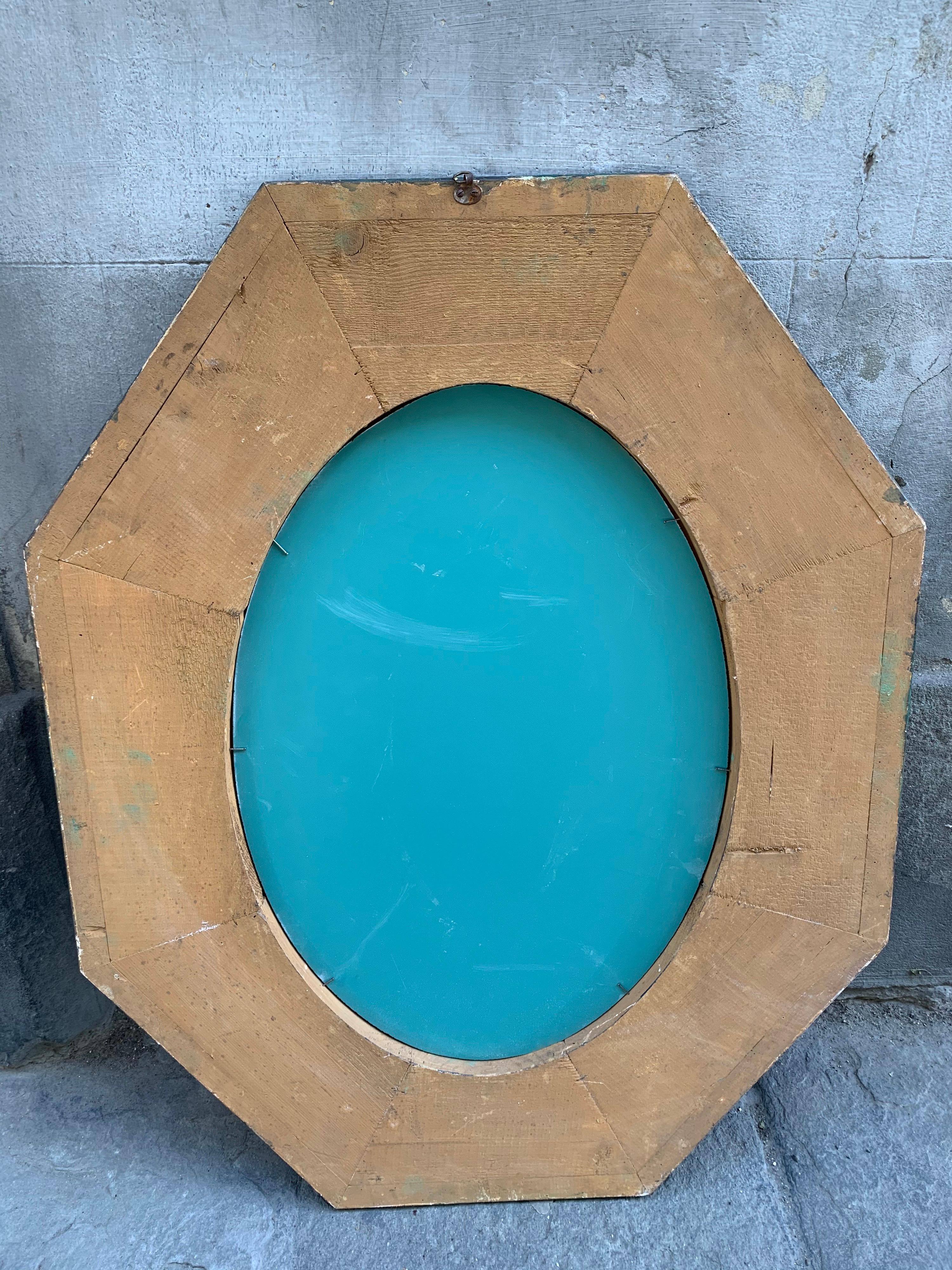 Pair of Octagonal Green Wood Mirrors Decorated with Metallic Effect, Early '900 14