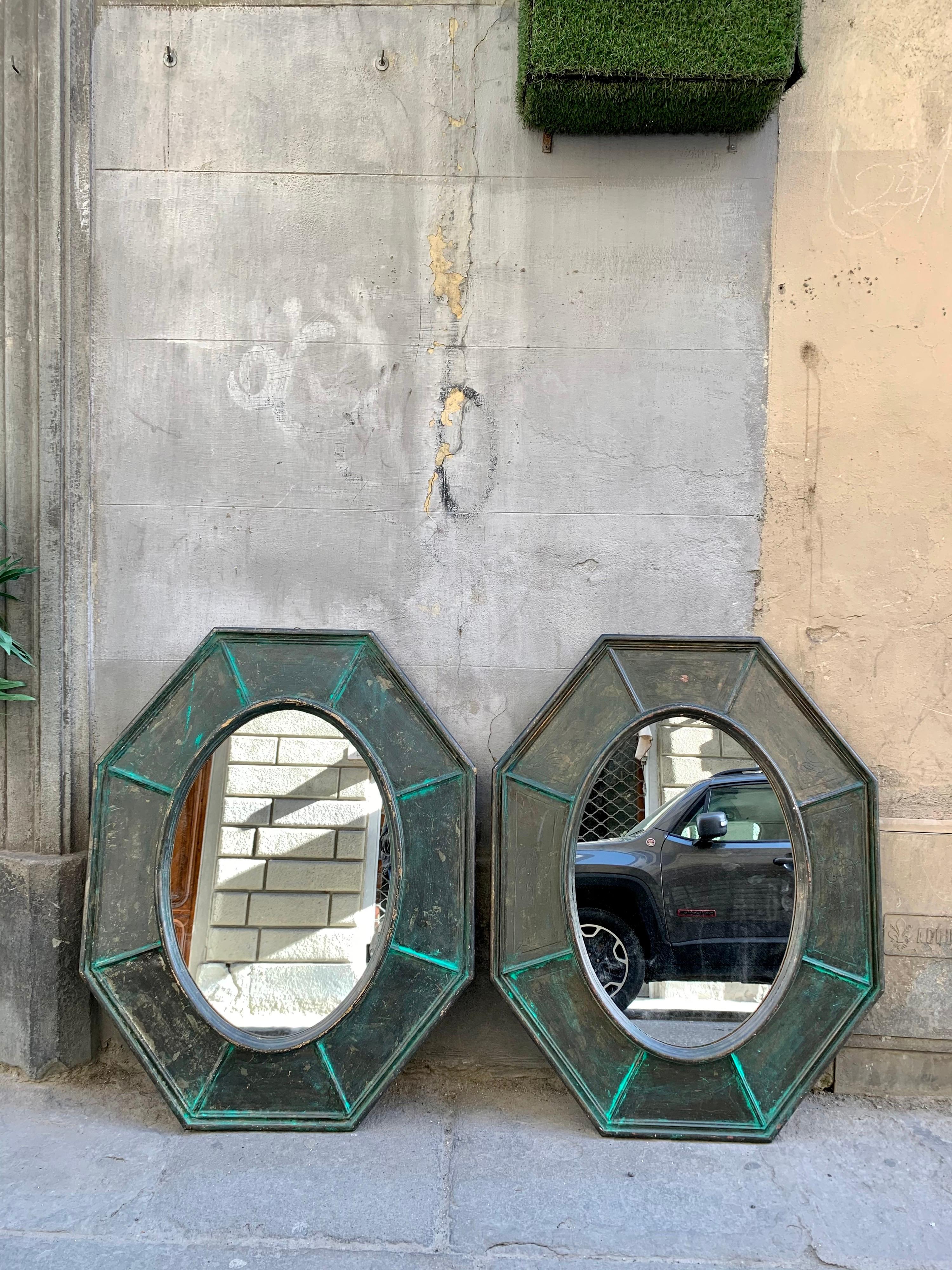 Rustic Pair of Octagonal Green Wood Mirrors Decorated with Metallic Effect, Early '900