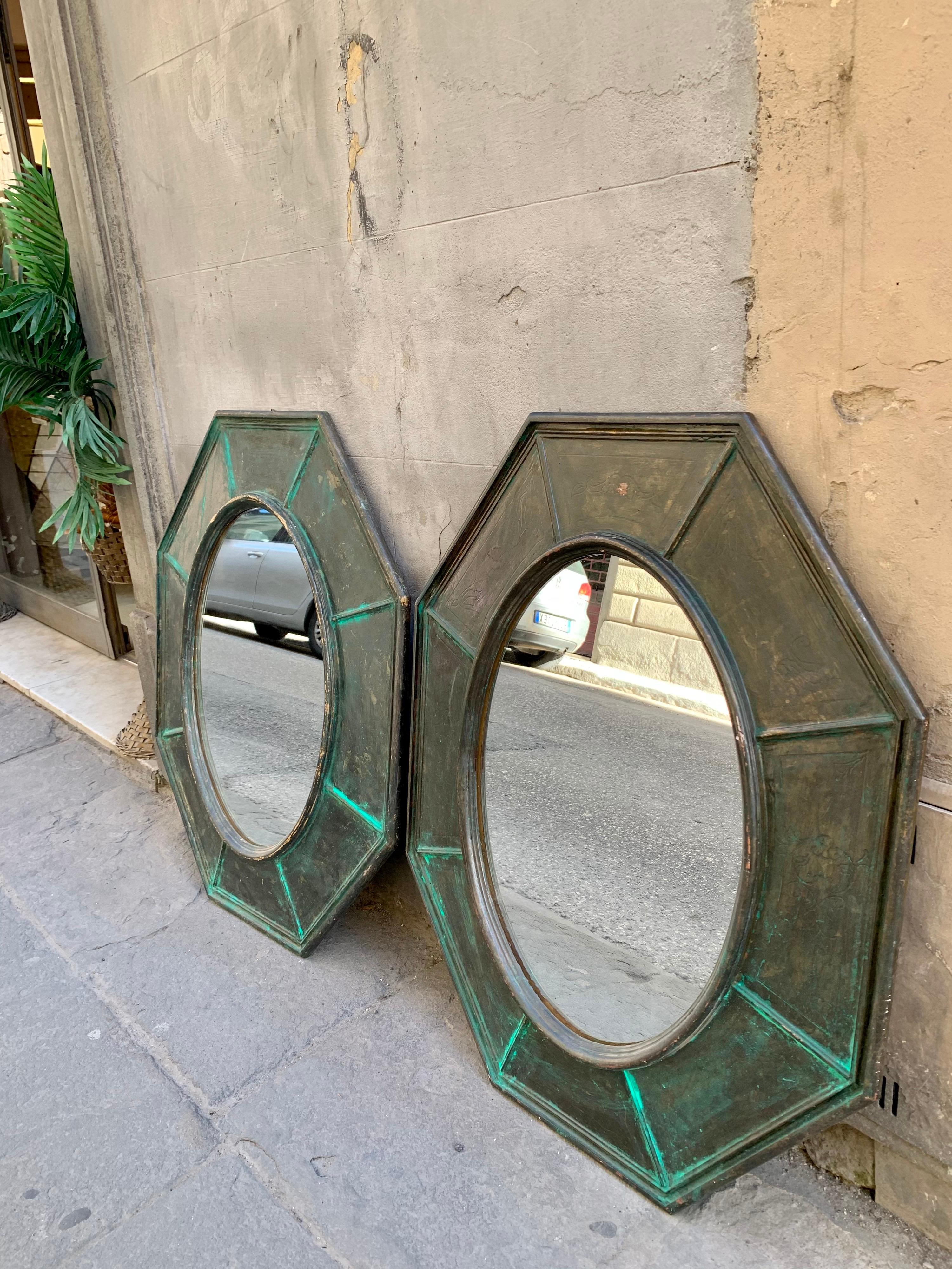 Italian Pair of Octagonal Green Wood Mirrors Decorated with Metallic Effect, Early '900