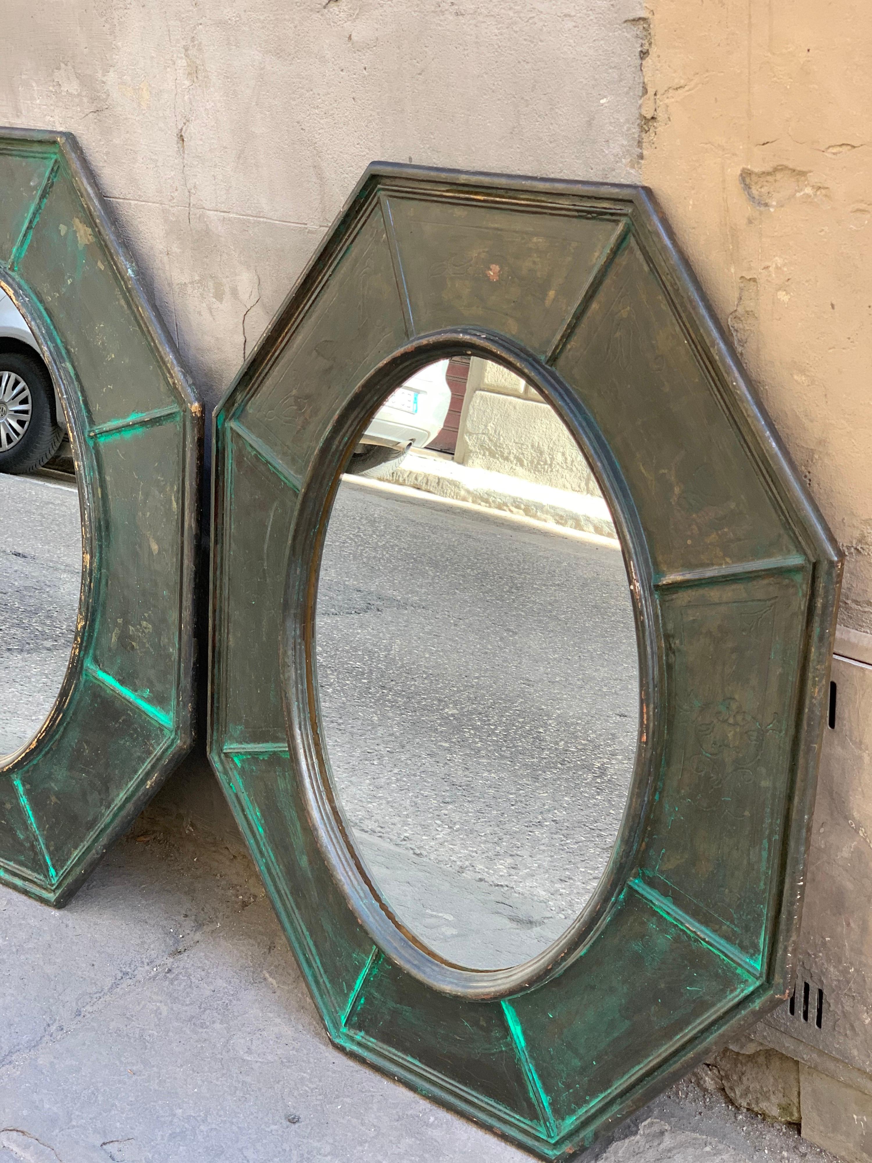 Pair of Octagonal Green Wood Mirrors Decorated with Metallic Effect, Early '900 1