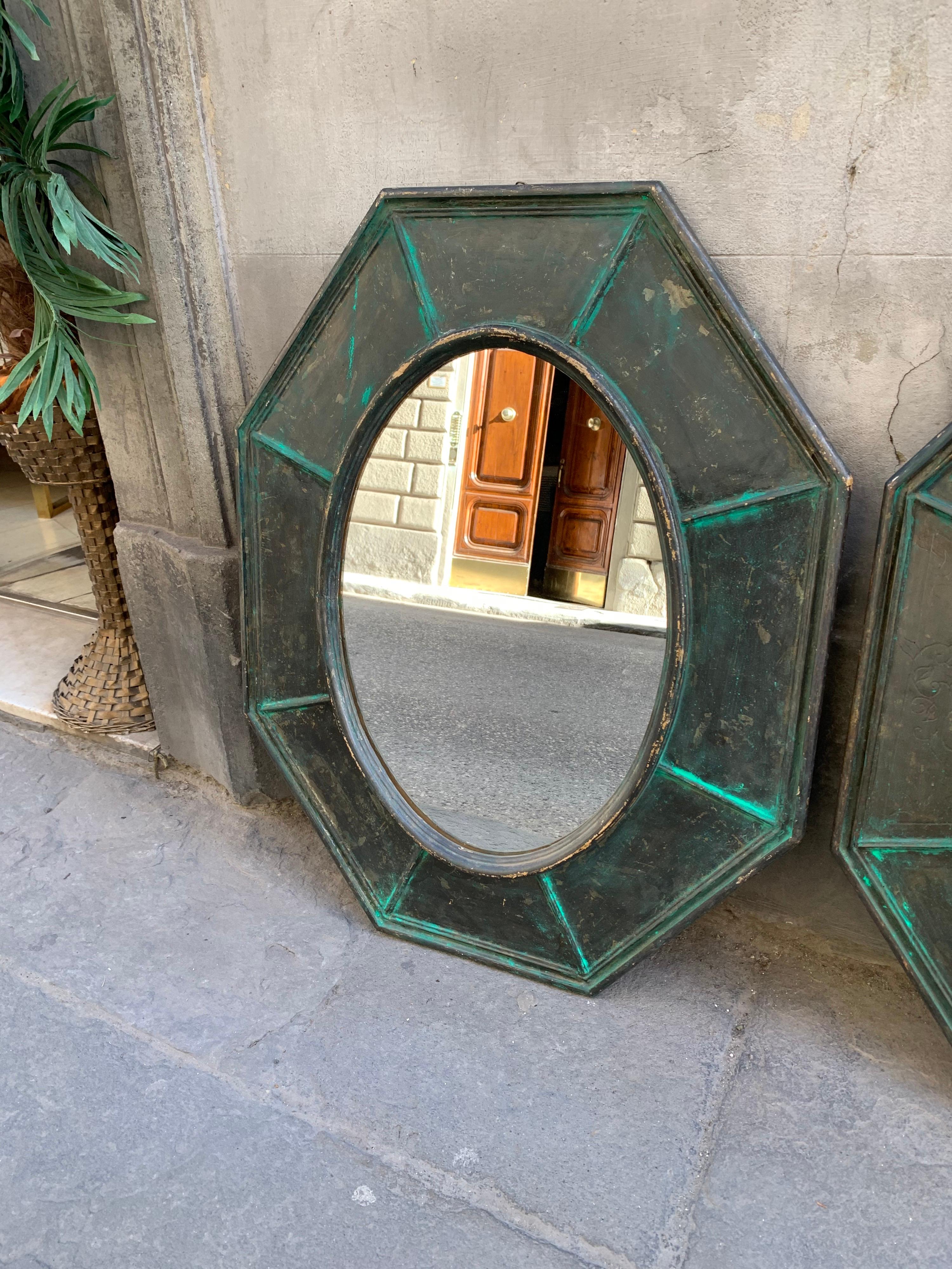 Pair of Octagonal Green Wood Mirrors Decorated with Metallic Effect, Early '900 2