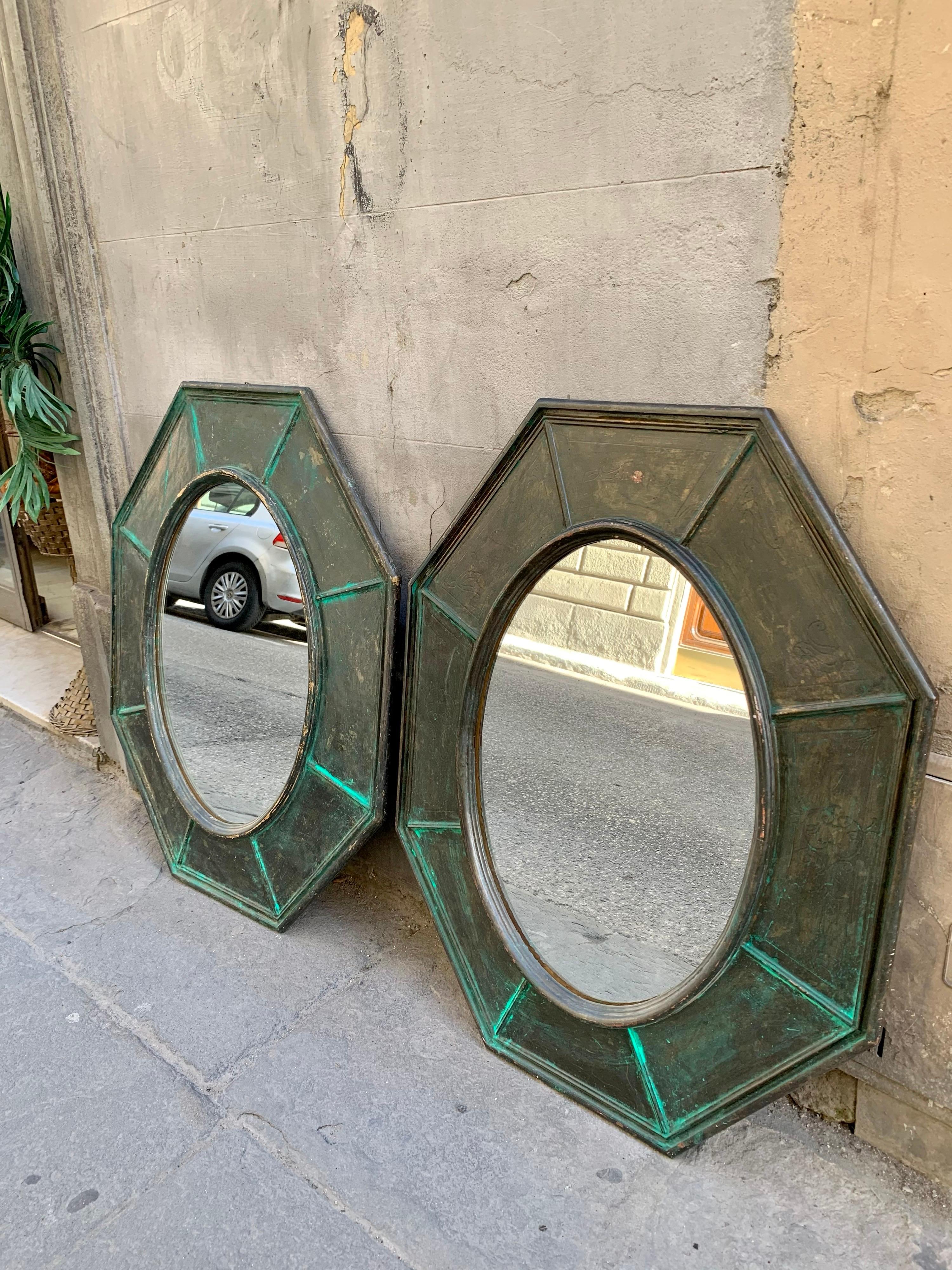 Pair of Octagonal Green Wood Mirrors Decorated with Metallic Effect, Early '900 3