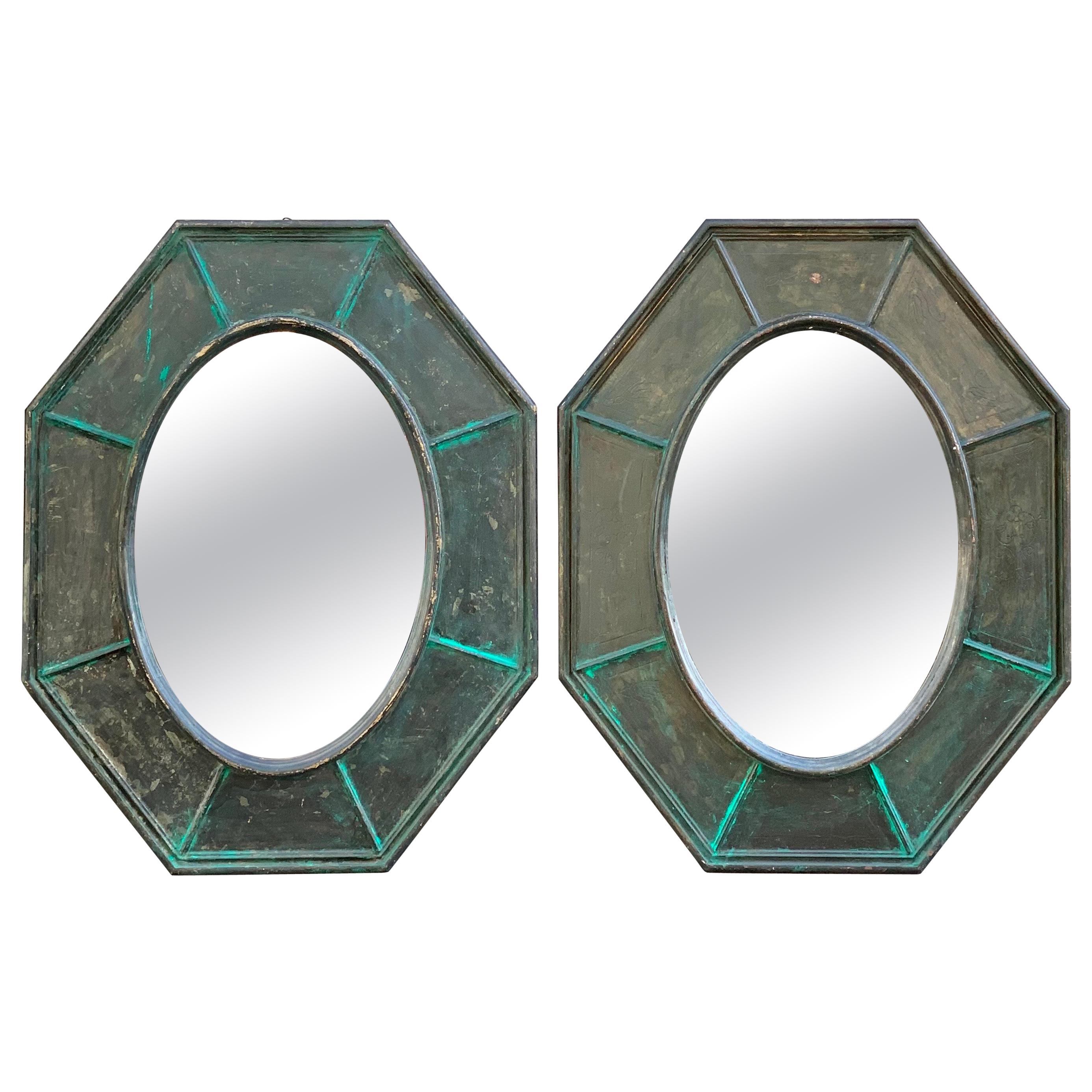 Pair of Octagonal Green Wood Mirrors Decorated with Metallic Effect, Early '900